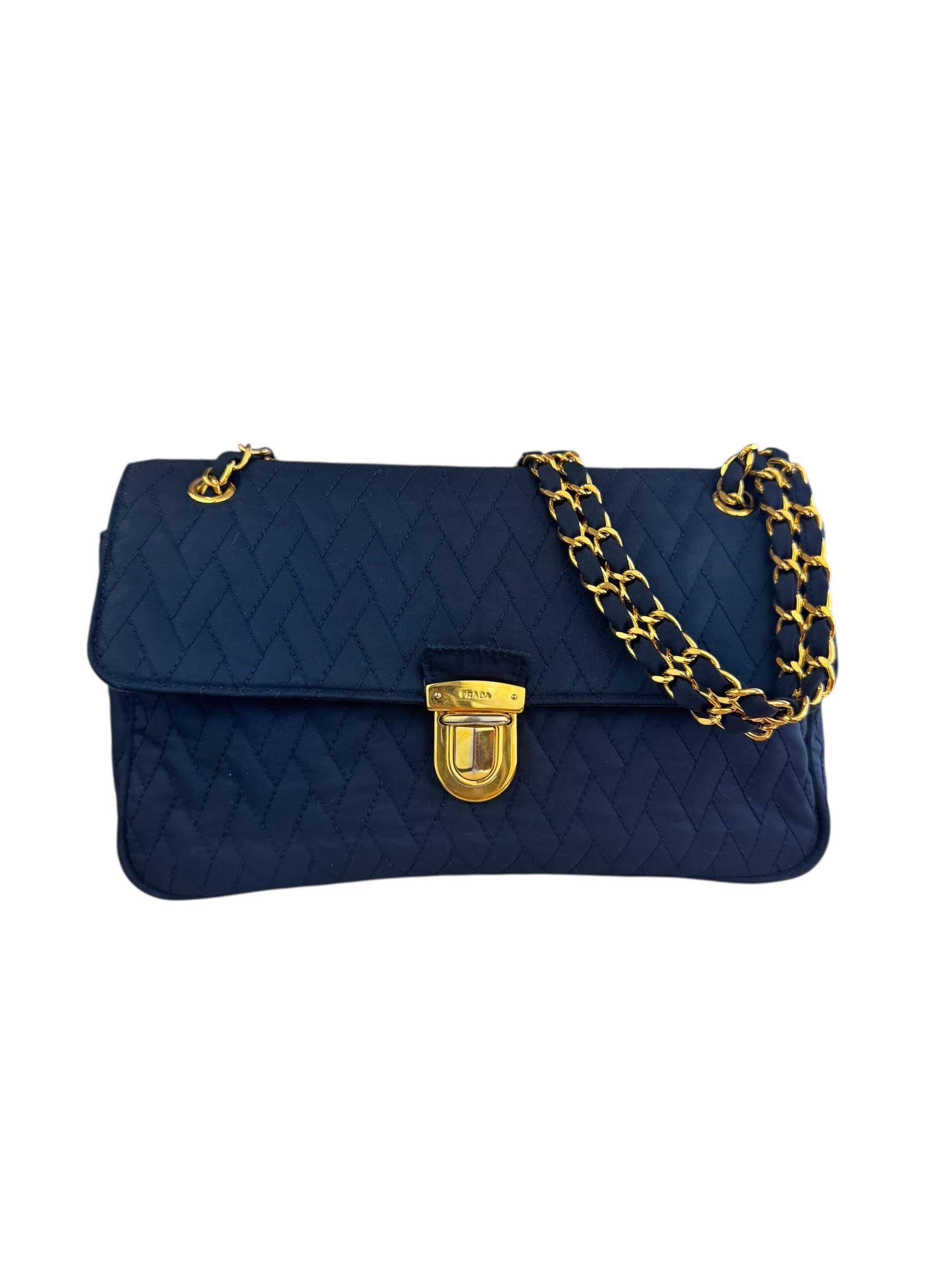 PRADA TESSUTTO CLOTH NAVY CHAIN BAG 