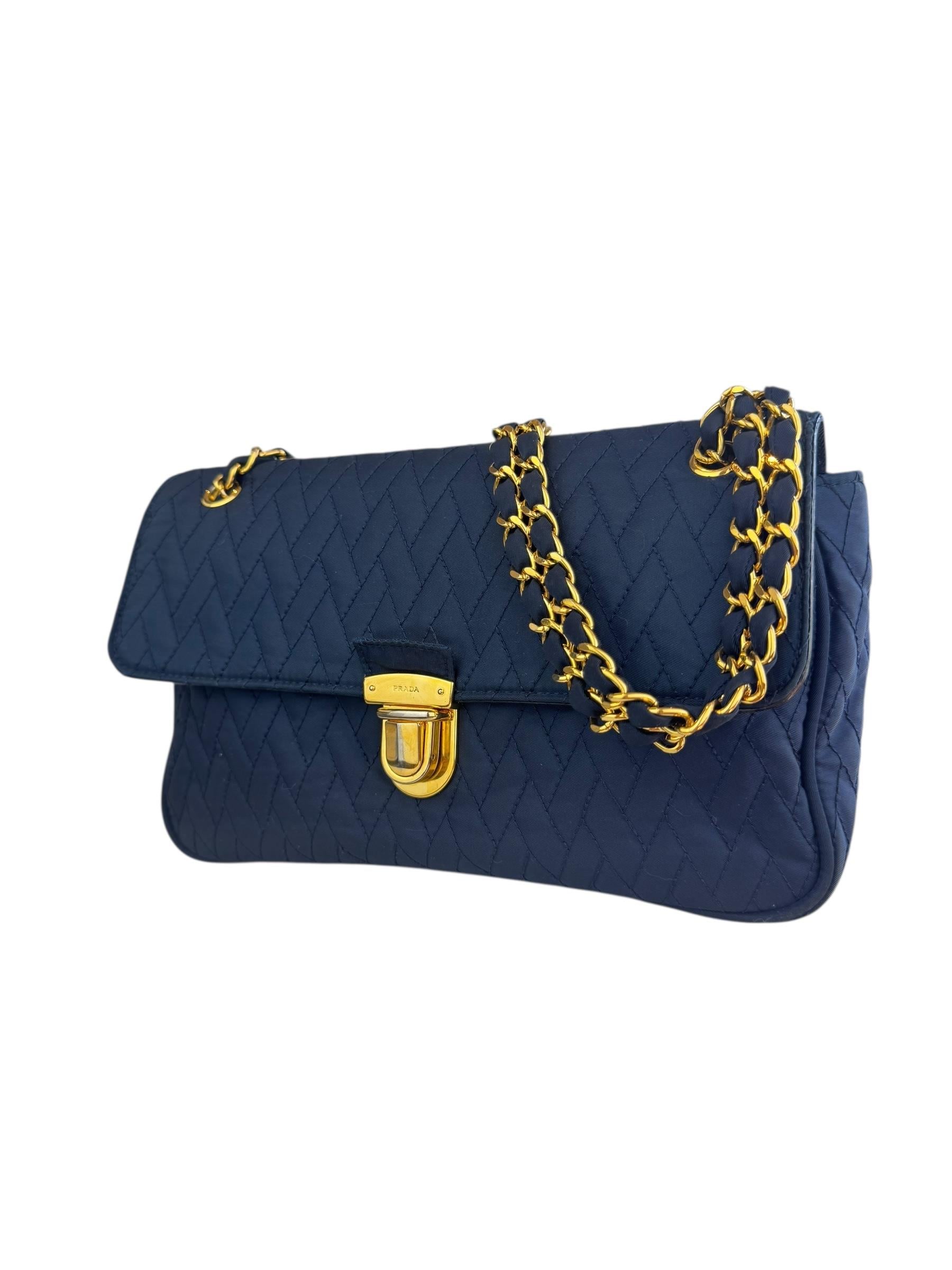 PRADA TESSUTTO CLOTH NAVY CHAIN BAG 