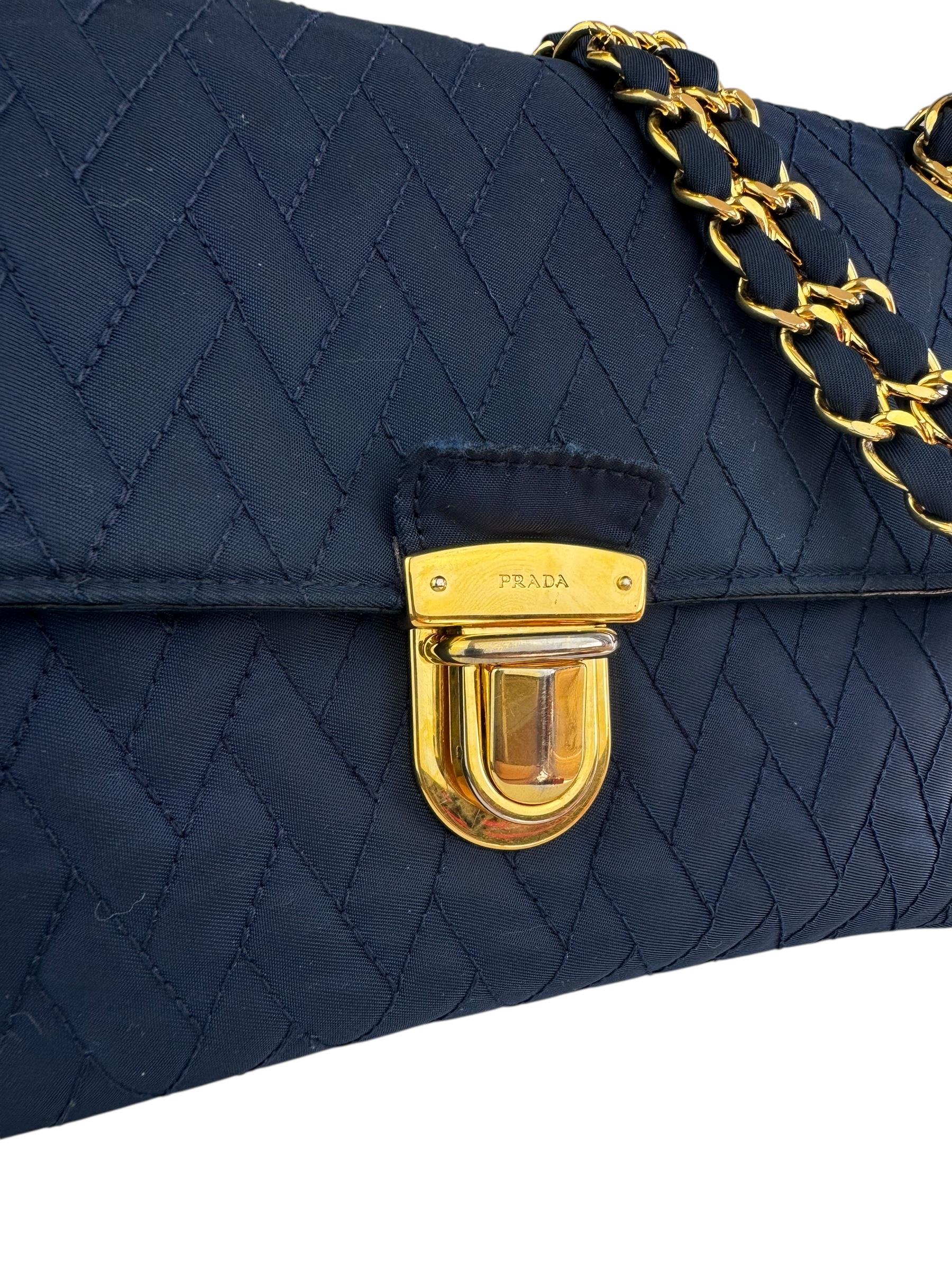 PRADA TESSUTTO CLOTH NAVY CHAIN BAG 