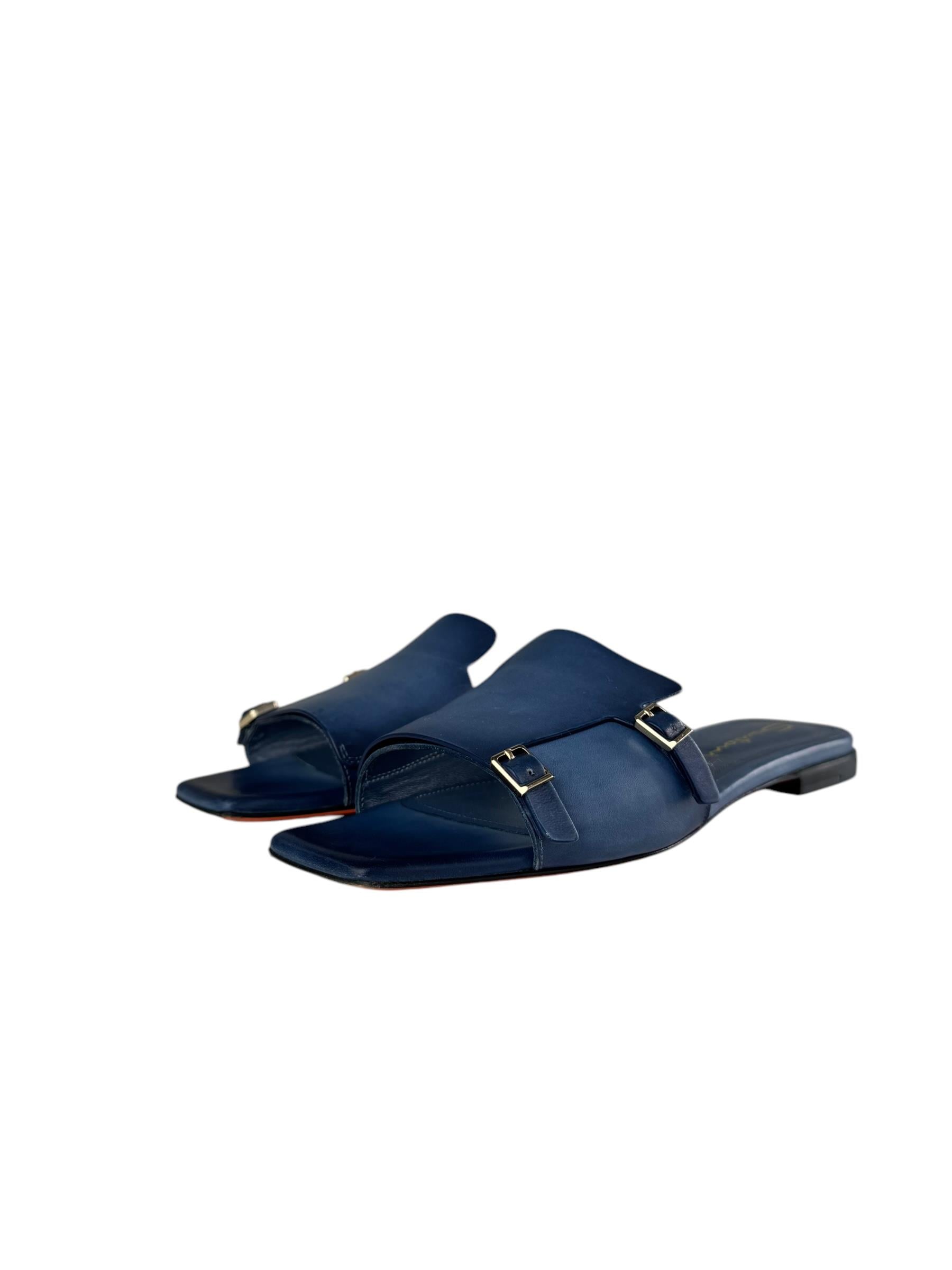 SANTONI LEATHER BLUE SANDALS