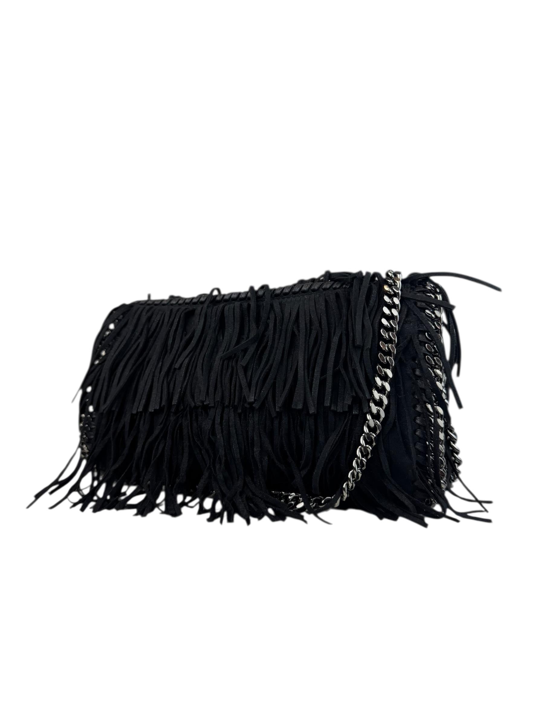 STELLA MCCARTNEY BLACK SUEDE FRINGED BAG