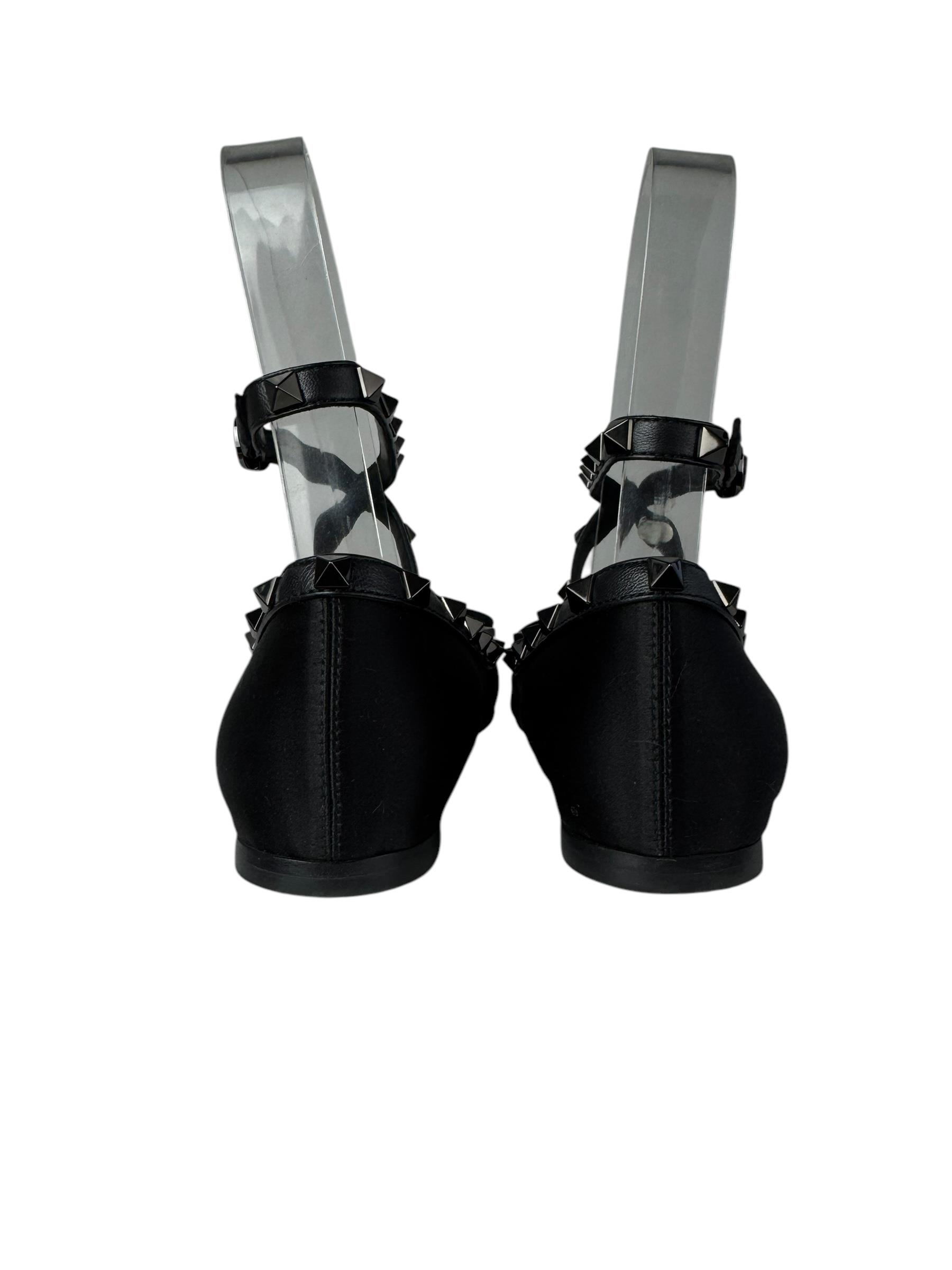 VALENTINO BLACK ROCKSTUD SATIN BALLERINA