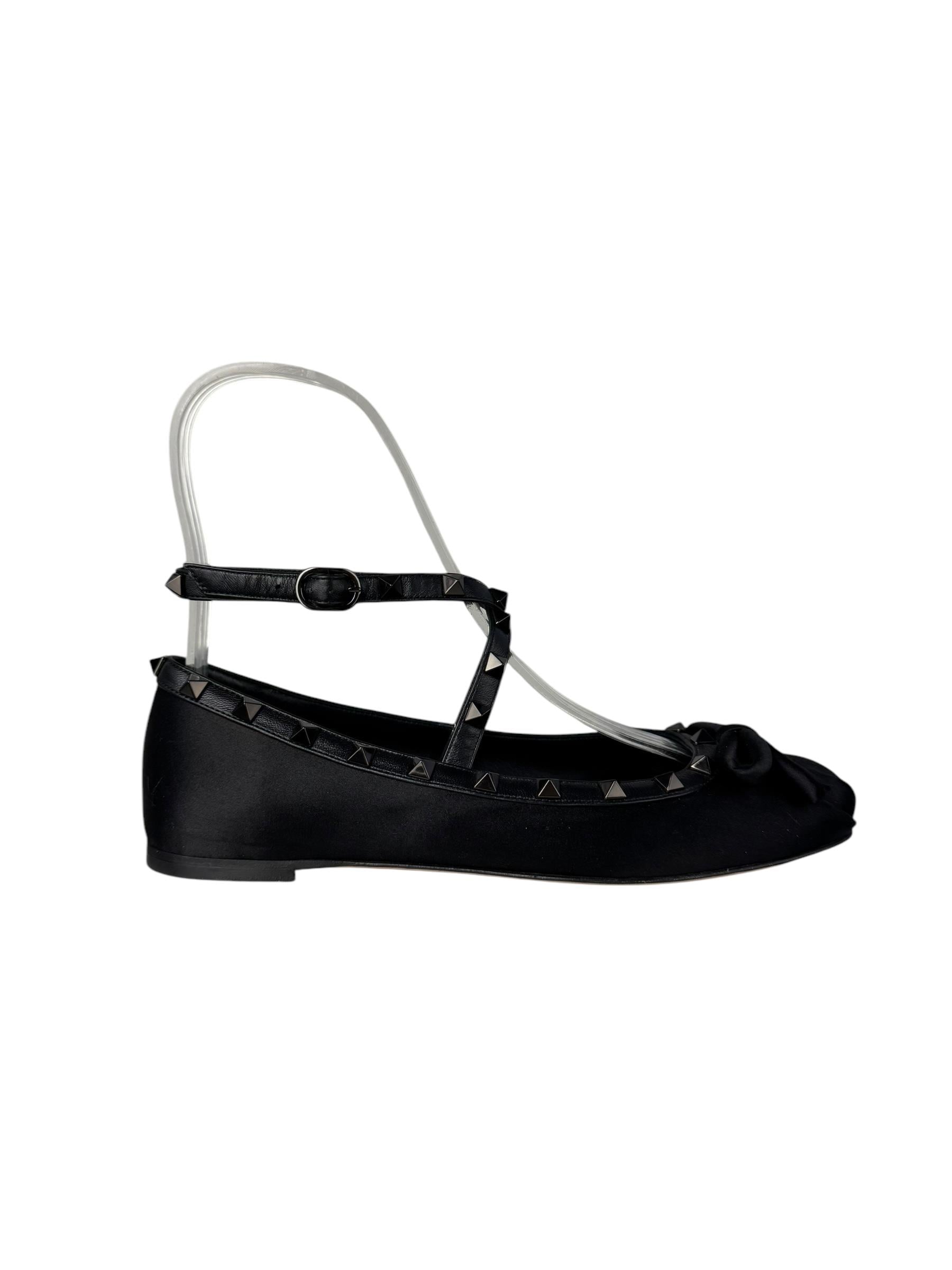 VALENTINO BLACK ROCKSTUD SATIN BALLERINA