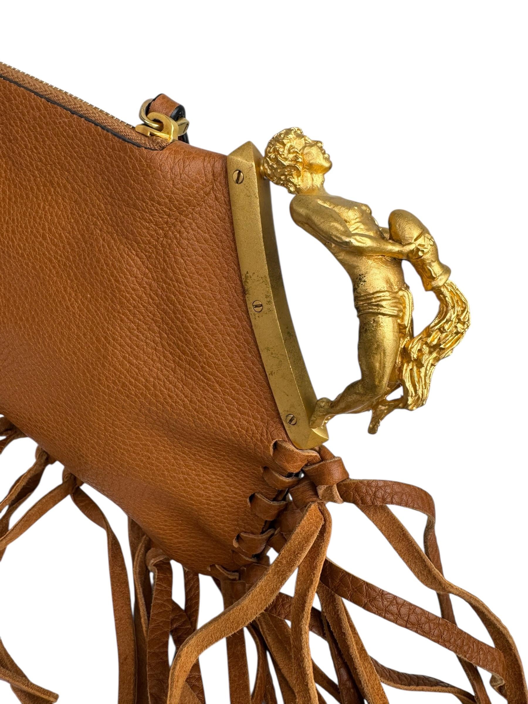 VALENTINO BROWN LEATHER C ROCKEE GRYPHON FRINCE CLUTCH BAG
