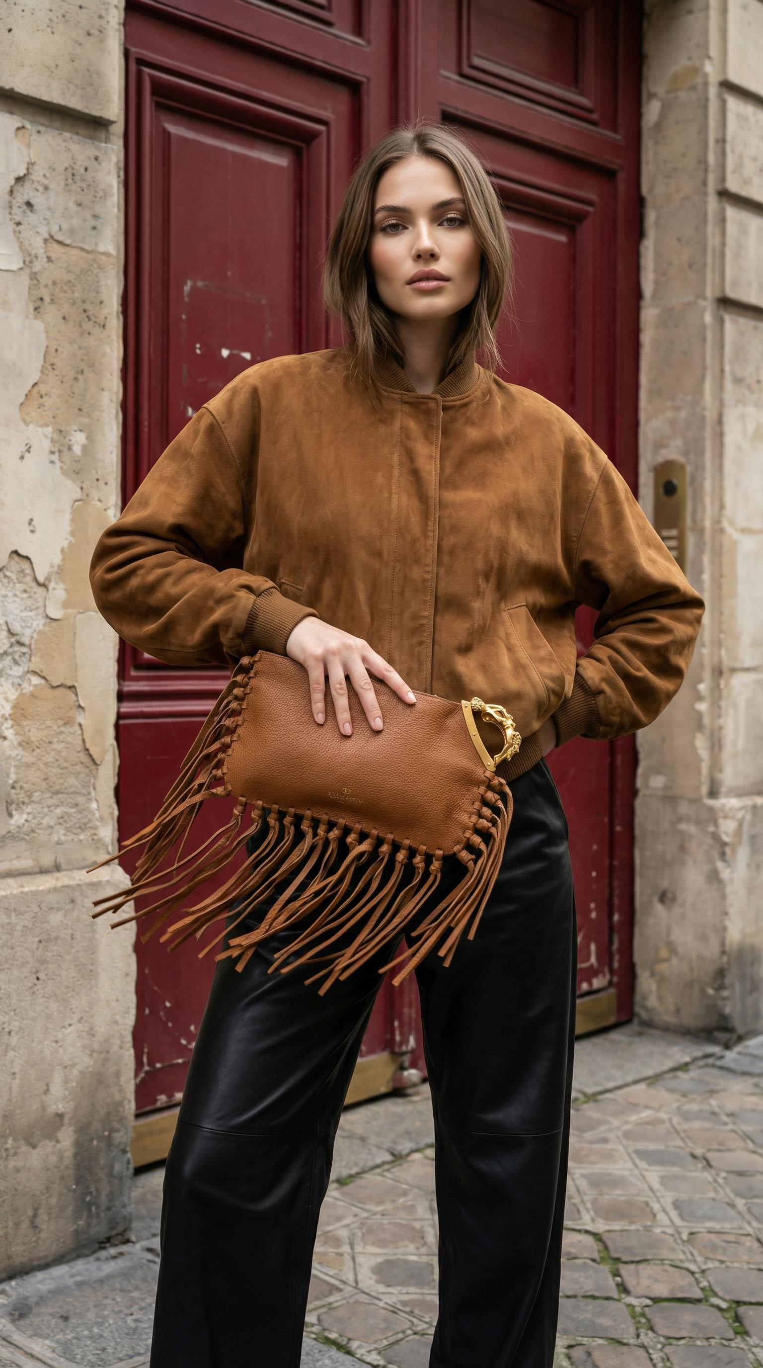 VALENTINO BROWN LEATHER C ROCKEE GRYPHON FRINCE CLUTCH BAG