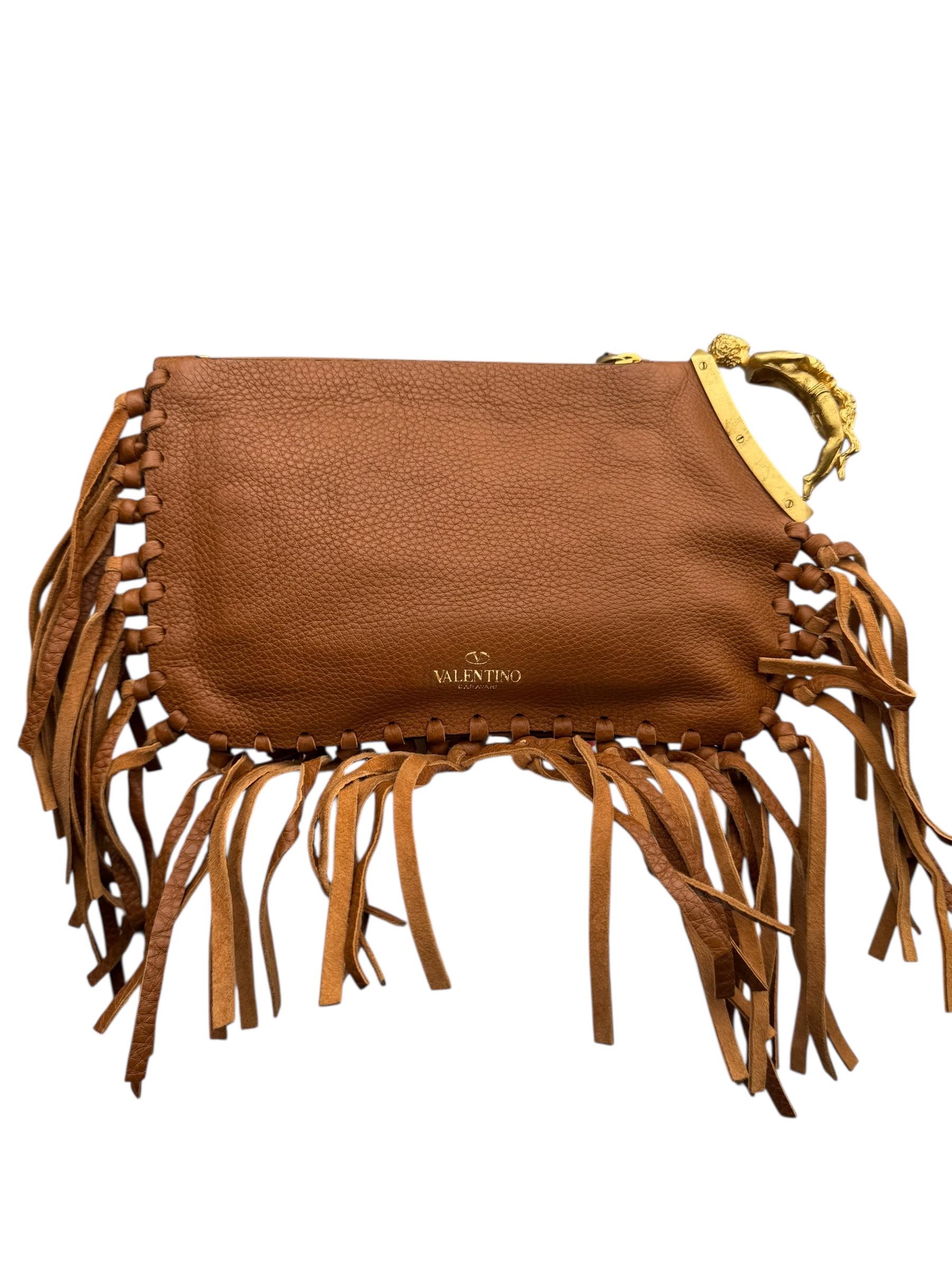 VALENTINO BROWN LEATHER C ROCKEE GRYPHON FRINCE CLUTCH BAG