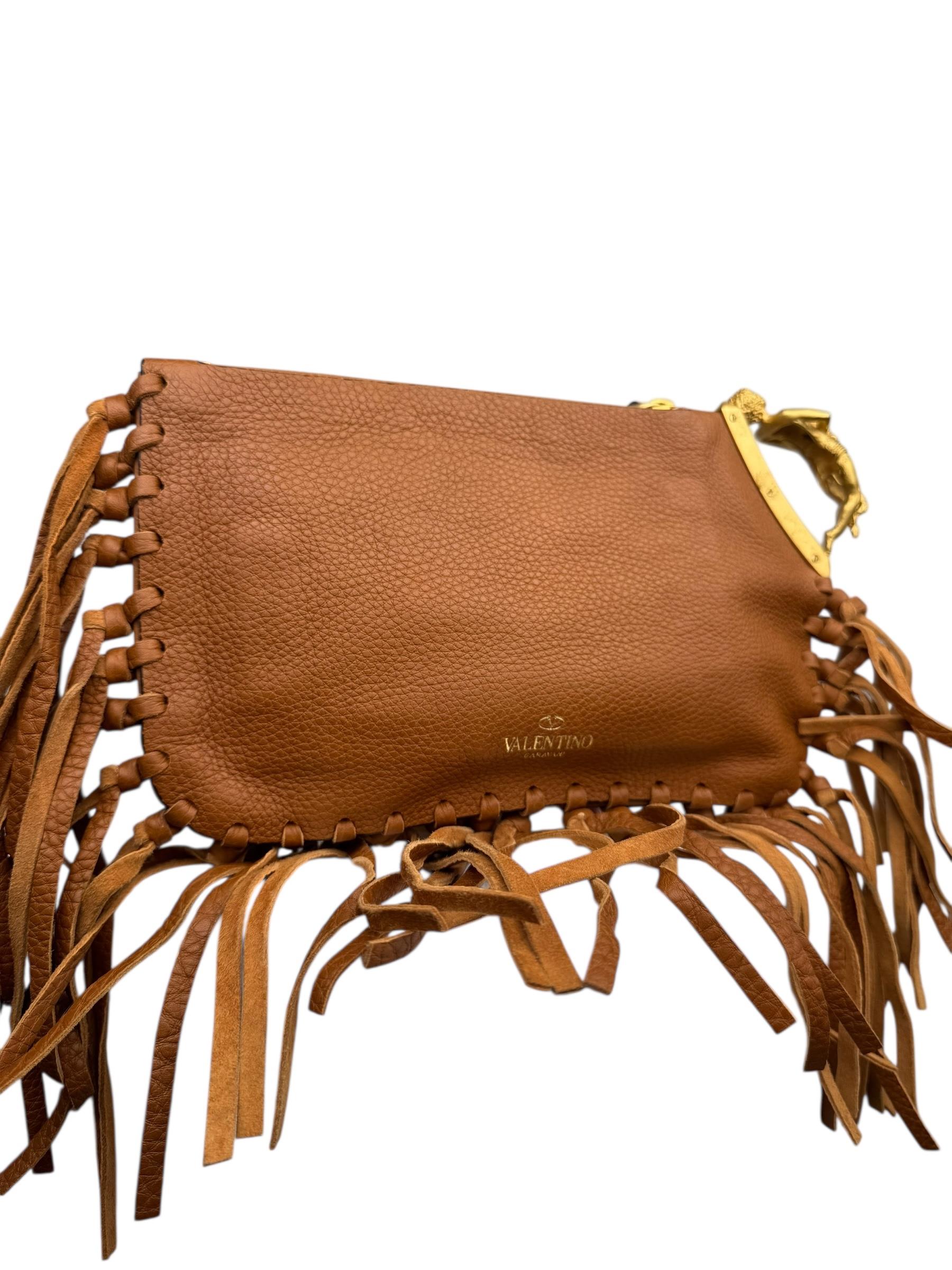 VALENTINO BROWN LEATHER C ROCKEE GRYPHON FRINCE CLUTCH BAG
