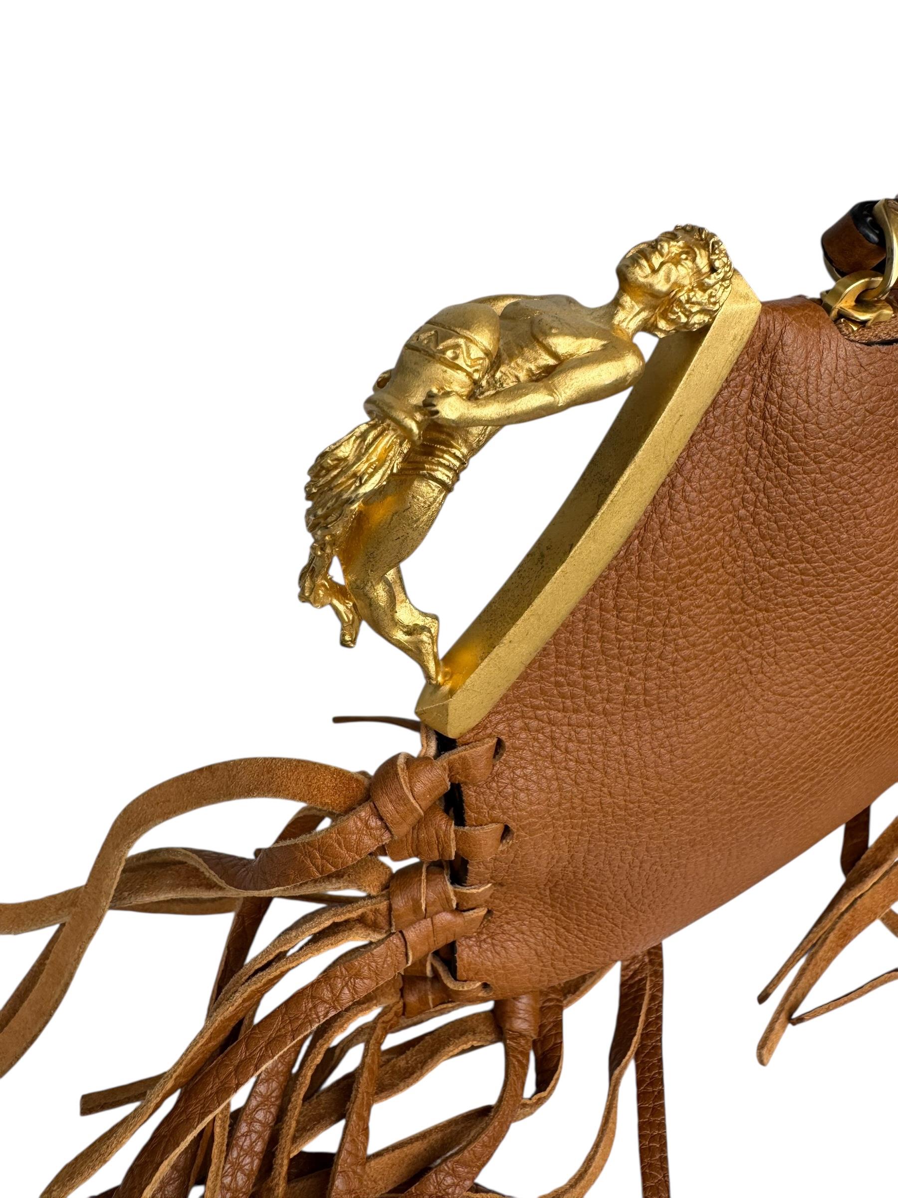 VALENTINO BROWN LEATHER C ROCKEE GRYPHON FRINCE CLUTCH BAG