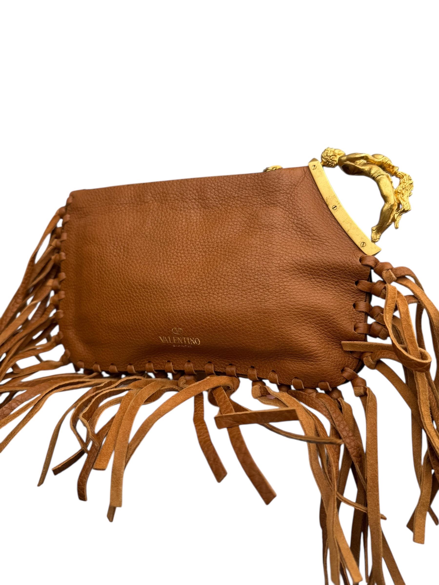 VALENTINO BROWN LEATHER C ROCKEE GRYPHON FRINCE CLUTCH BAG