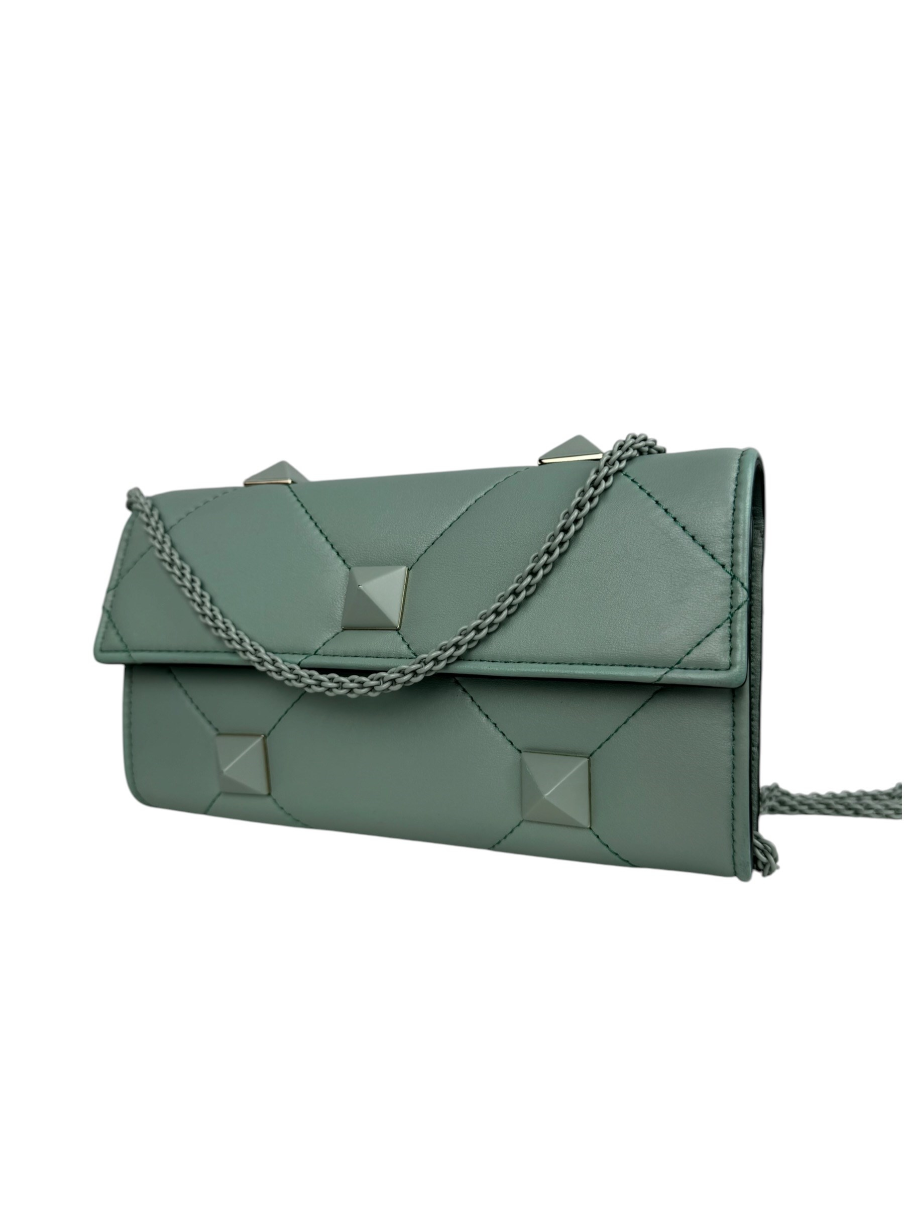 VALENTINO GREEN ROMAN STUD LEATHER CHAIN BAG