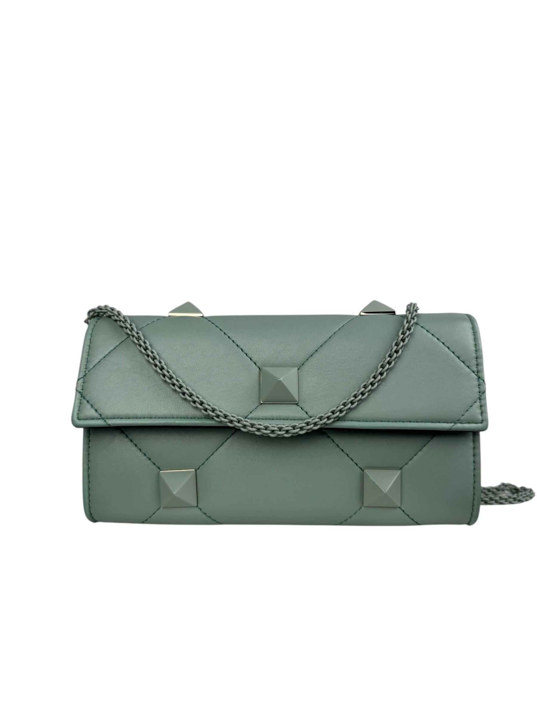 VALENTINO GREEN ROMAN STUD LEATHER CHAIN BAG