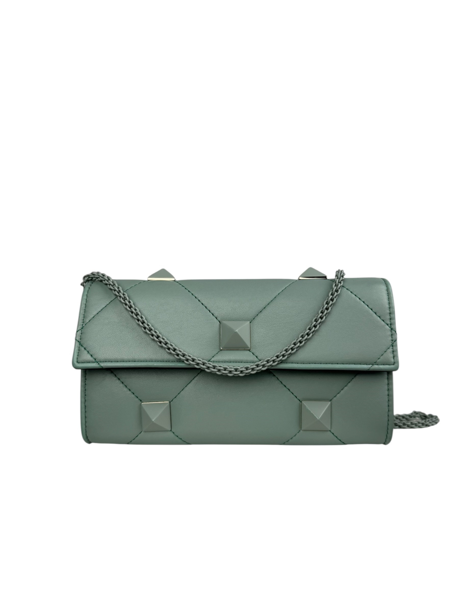 VALENTINO GREEN ROMAN STUD LEATHER CHAIN BAG