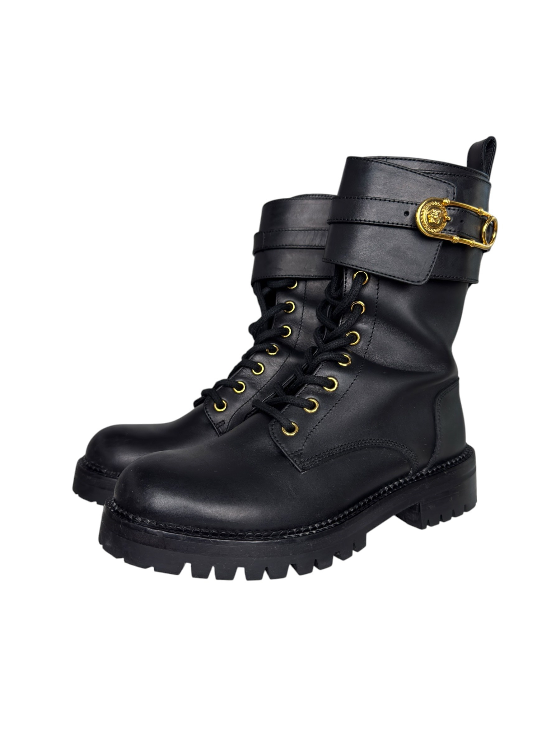 VERSACE MEDUSA SAFETY PIN LEATHER BOOTS