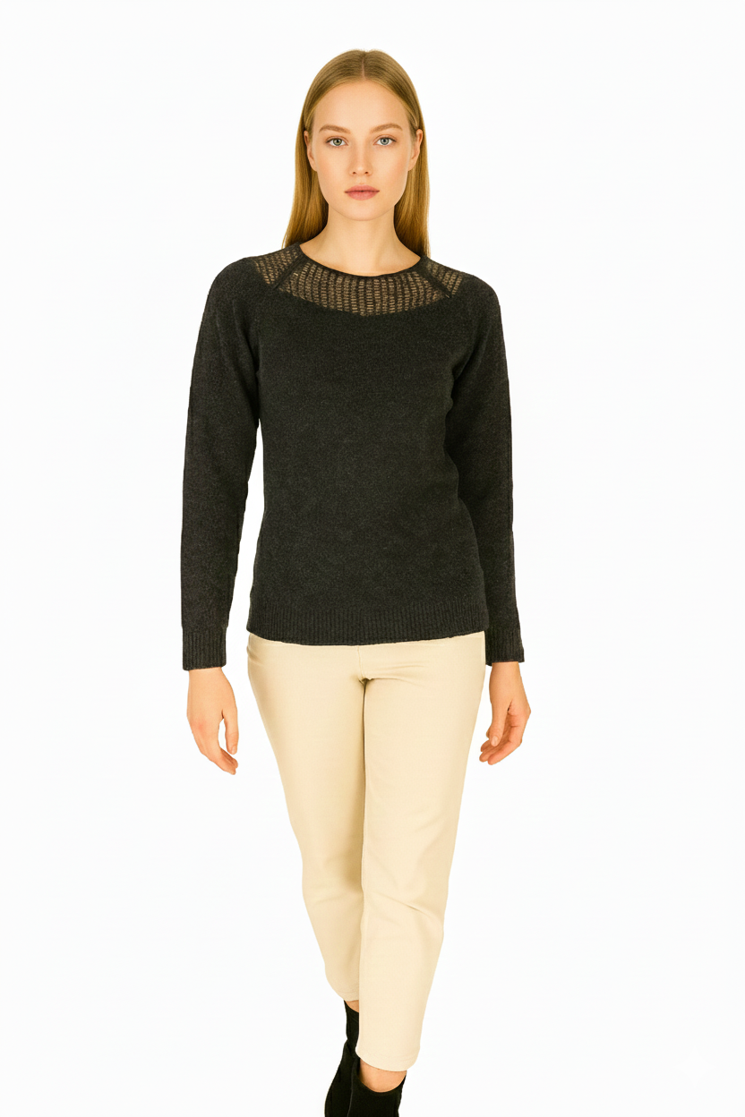 BLUTriko / HırkaBLU Kayık Yaka File Doku Kombinli Triko Bluz