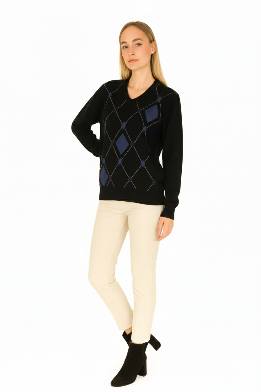 BLUTriko / HırkaBLU V Yaka Baklava Desenli Triko