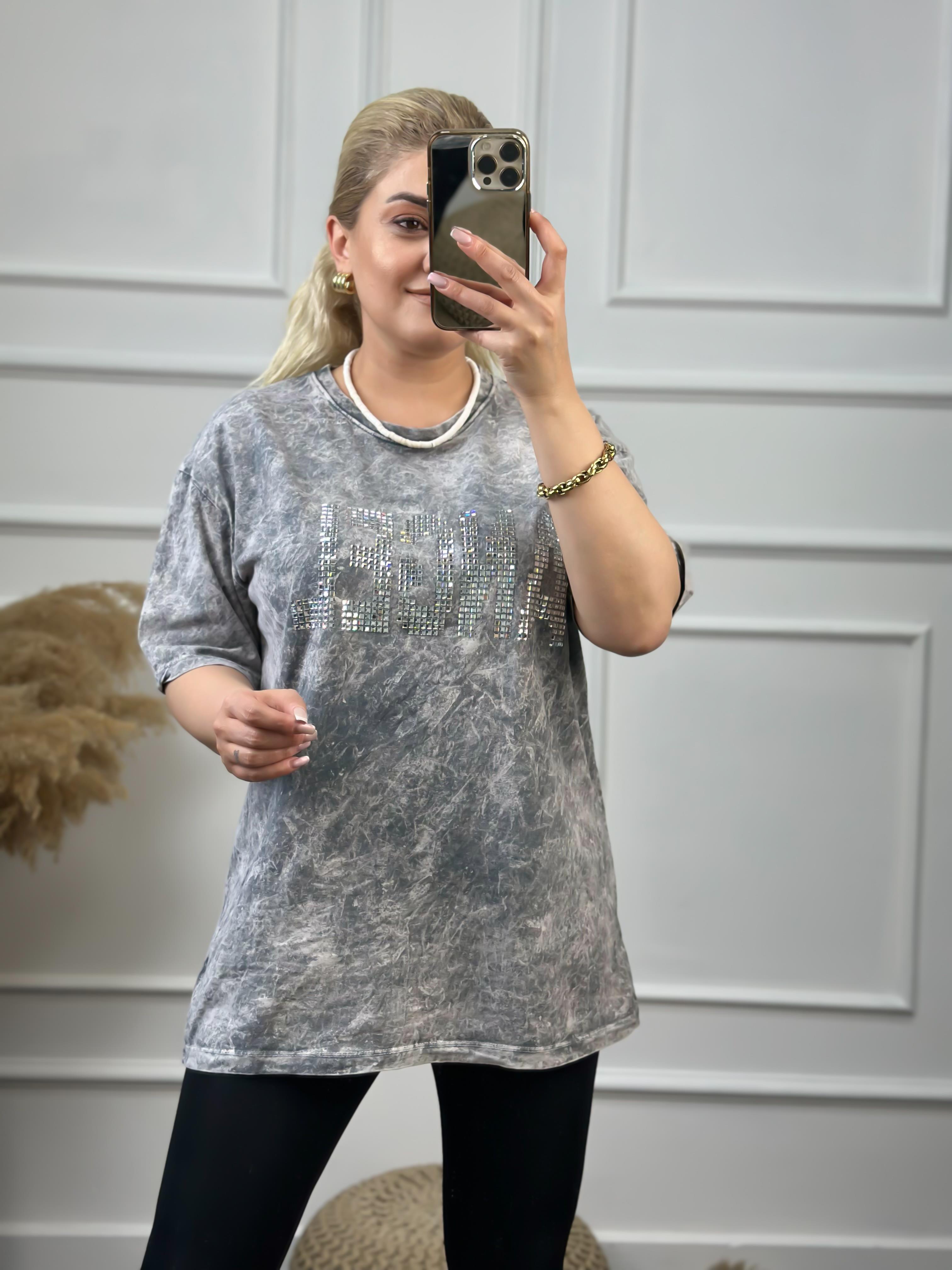 Angel Taşlı Yıkamalı Tshirt GRİ-23YUST000058