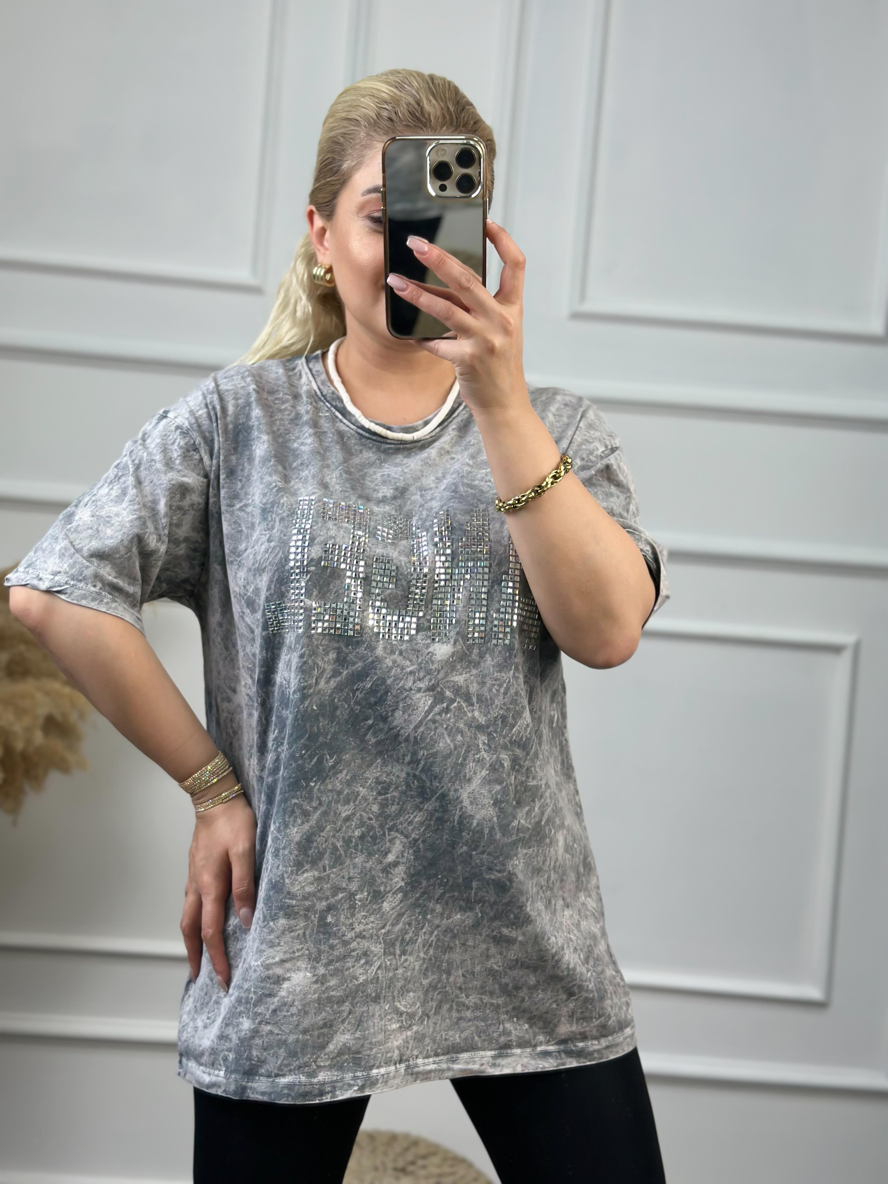 Angel Taşlı Yıkamalı Tshirt GRİ-23YUST000058