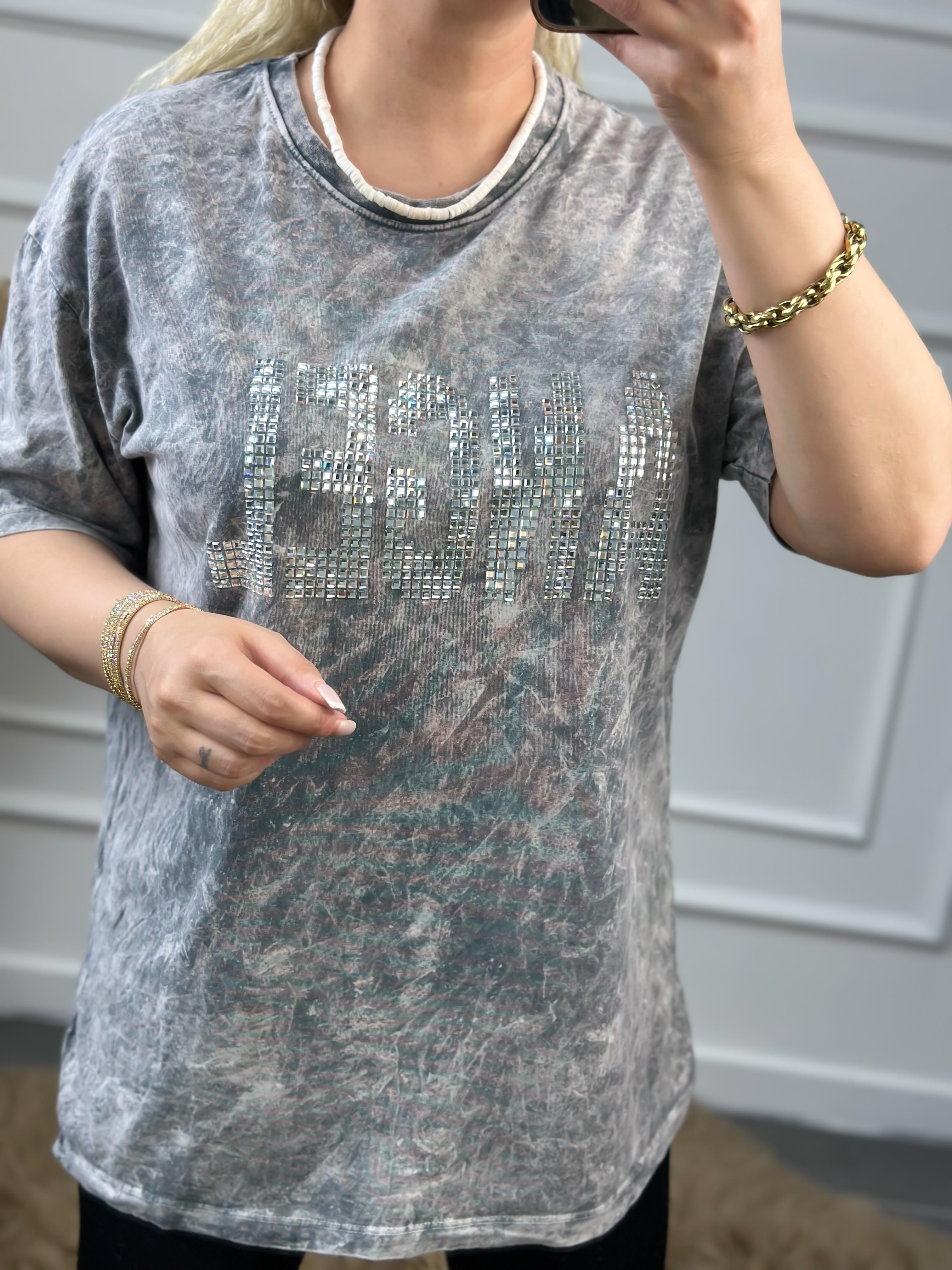 Angel Taşlı Yıkamalı Tshirt GRİ-23YUST000058