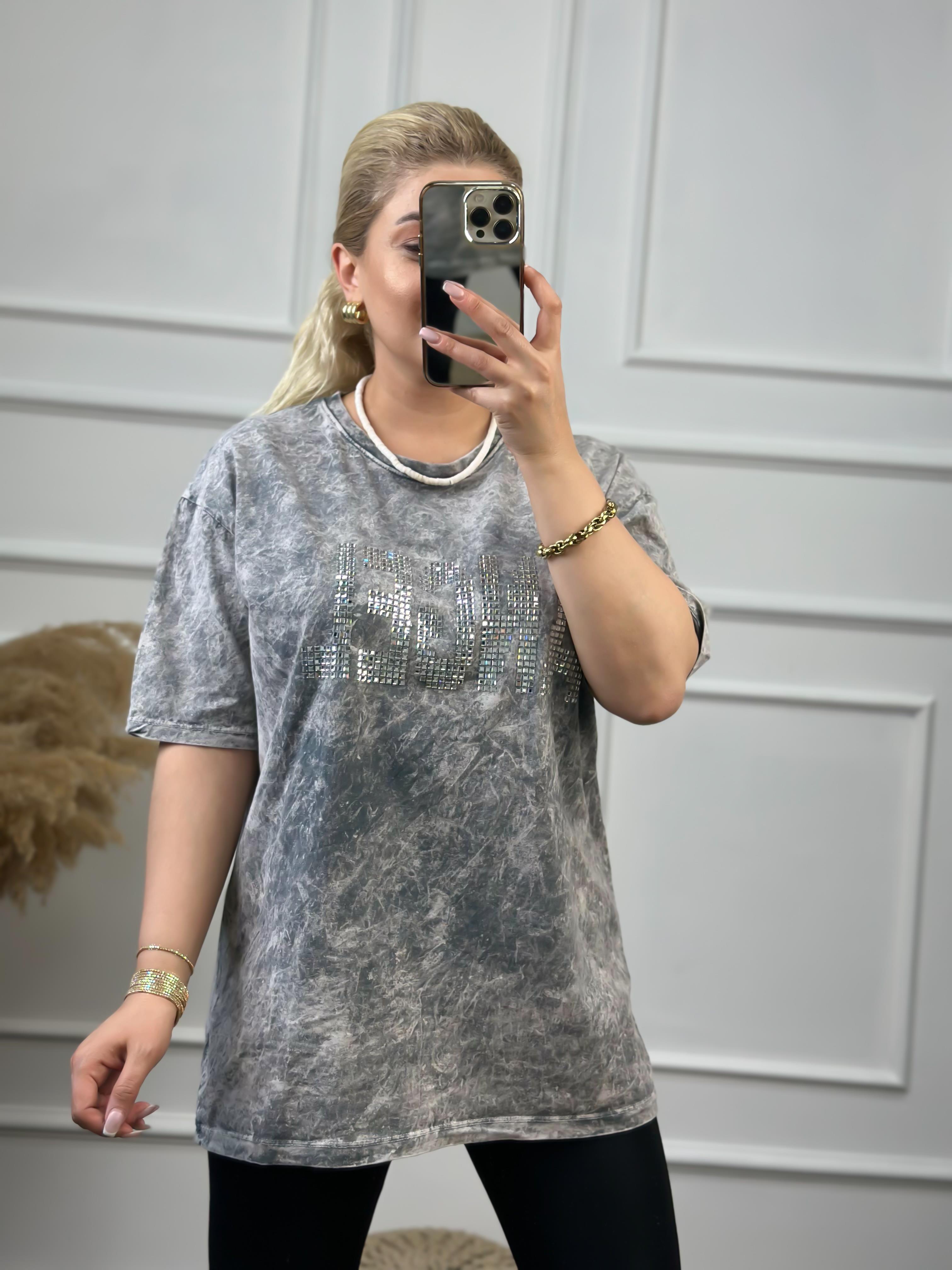 Angel Taşlı Yıkamalı Tshirt GRİ-23YUST000058