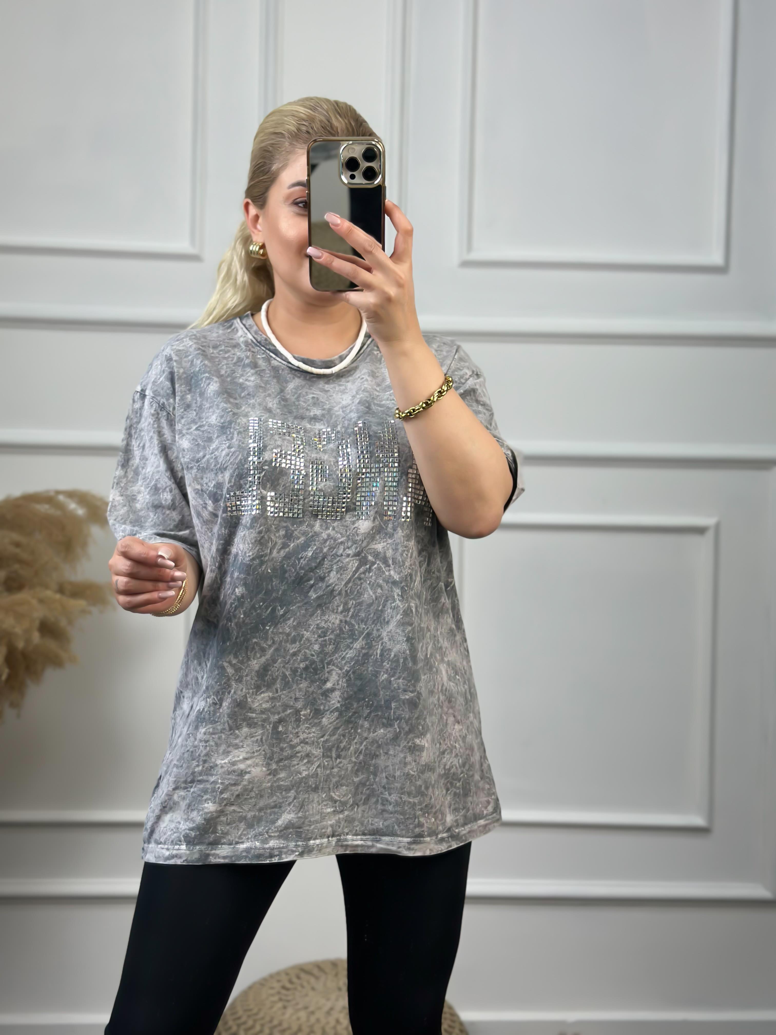 Angel Taşlı Yıkamalı Tshirt GRİ-23YUST000058