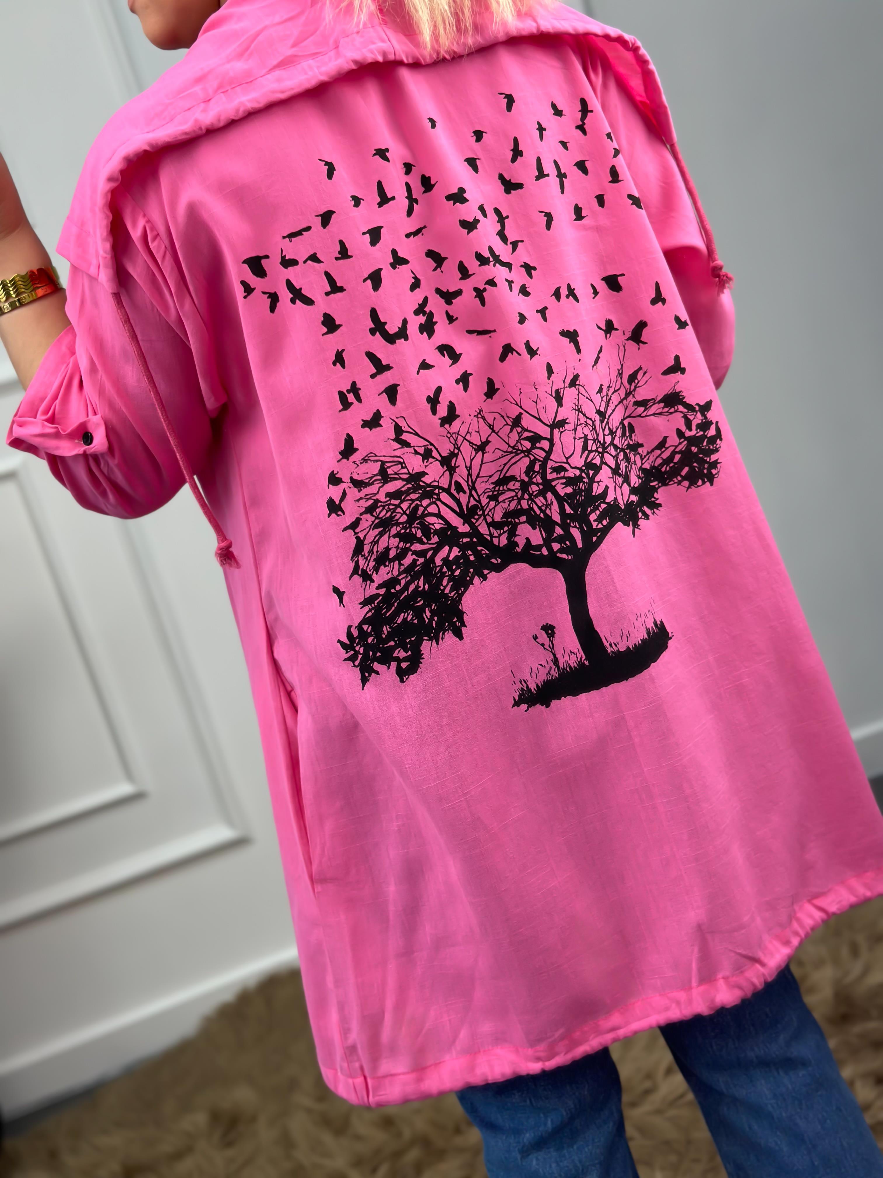Arkası Kuş Baskılı Keten Uzun Kimono PEMBE-23MeUST00028