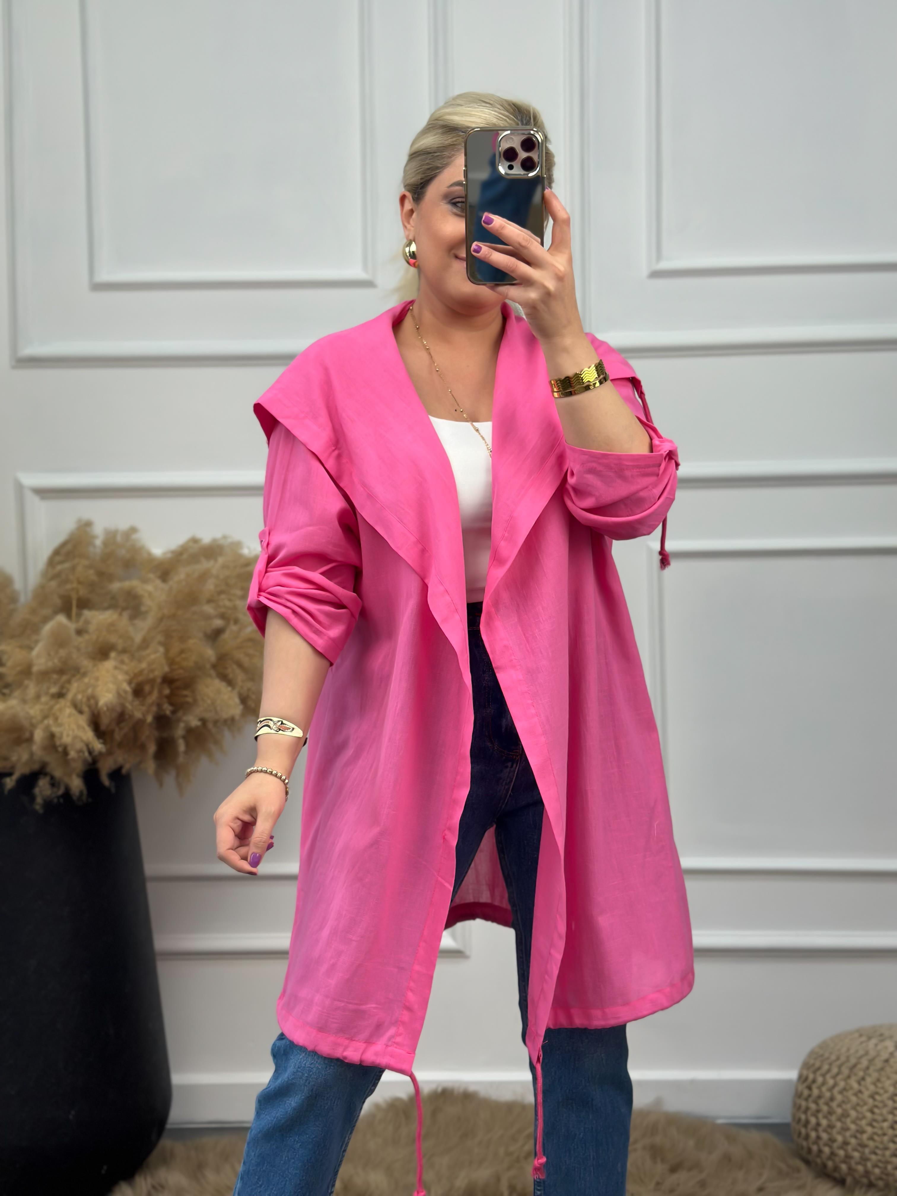 Arkası Kuş Baskılı Keten Uzun Kimono PEMBE-23MeUST00028
