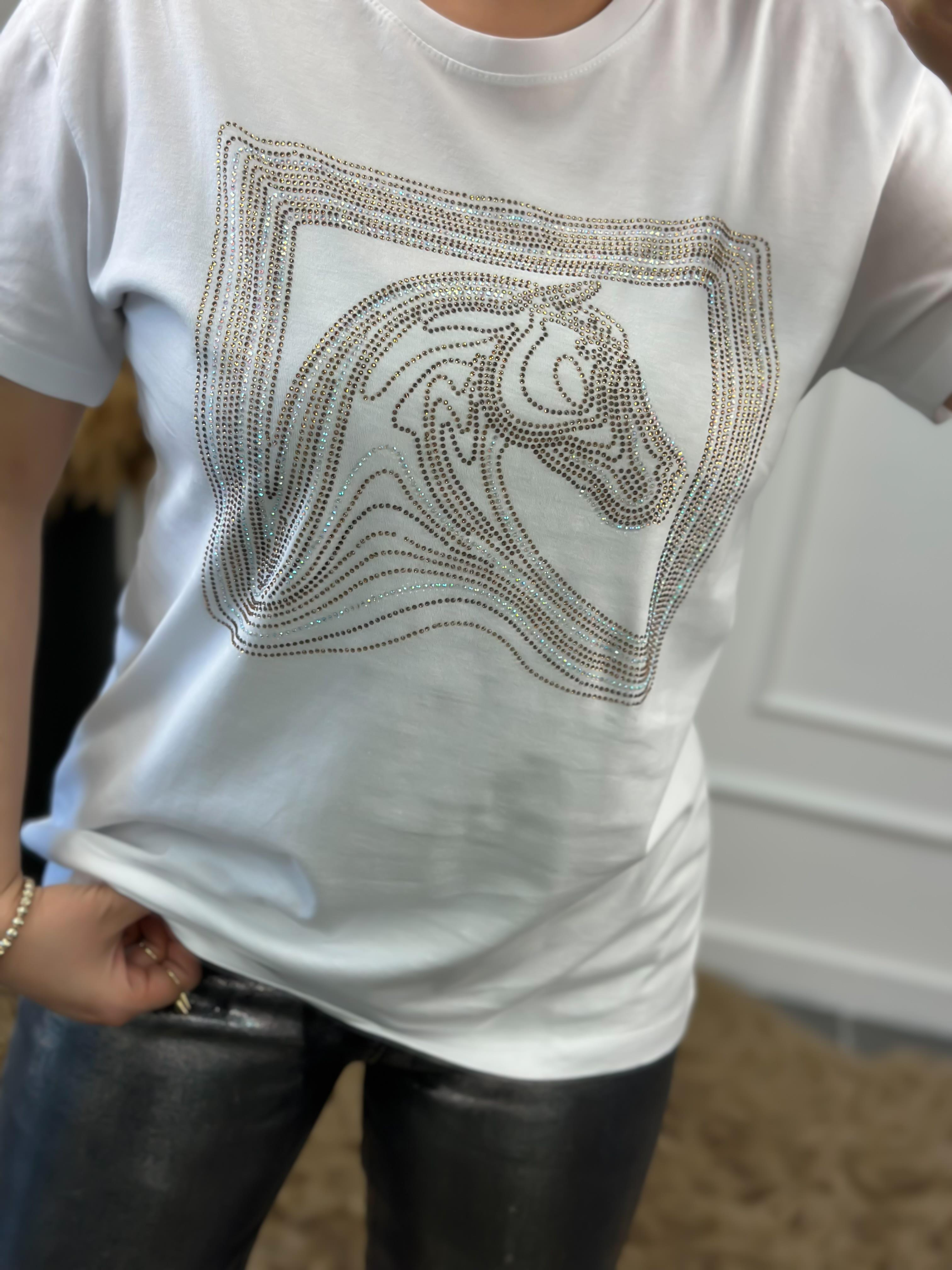 At Figürlü Taş İşlemeli Tshirt BEYAZ-23YUST000019
