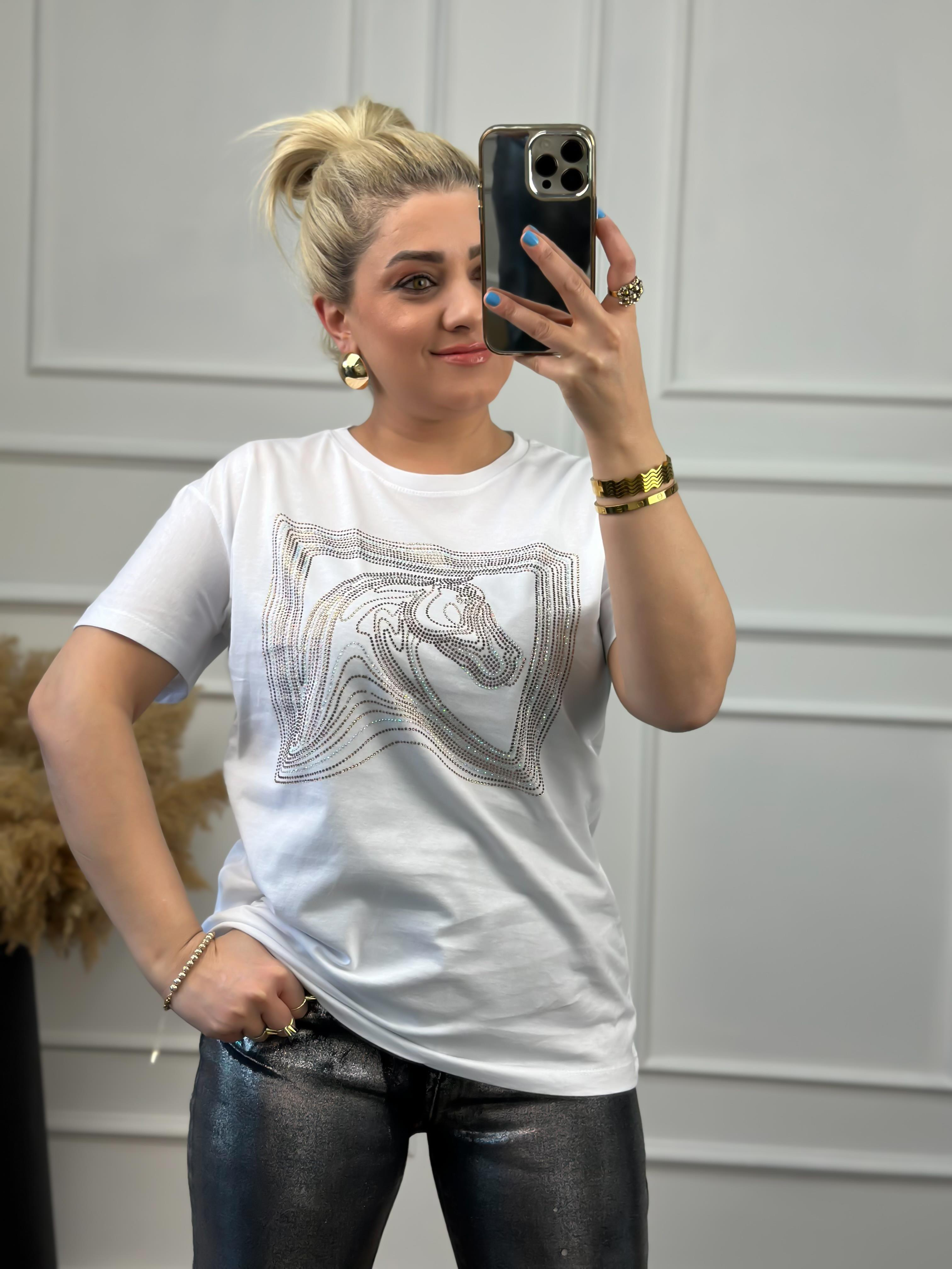 At Figürlü Taş İşlemeli Tshirt BEYAZ-23YUST000019