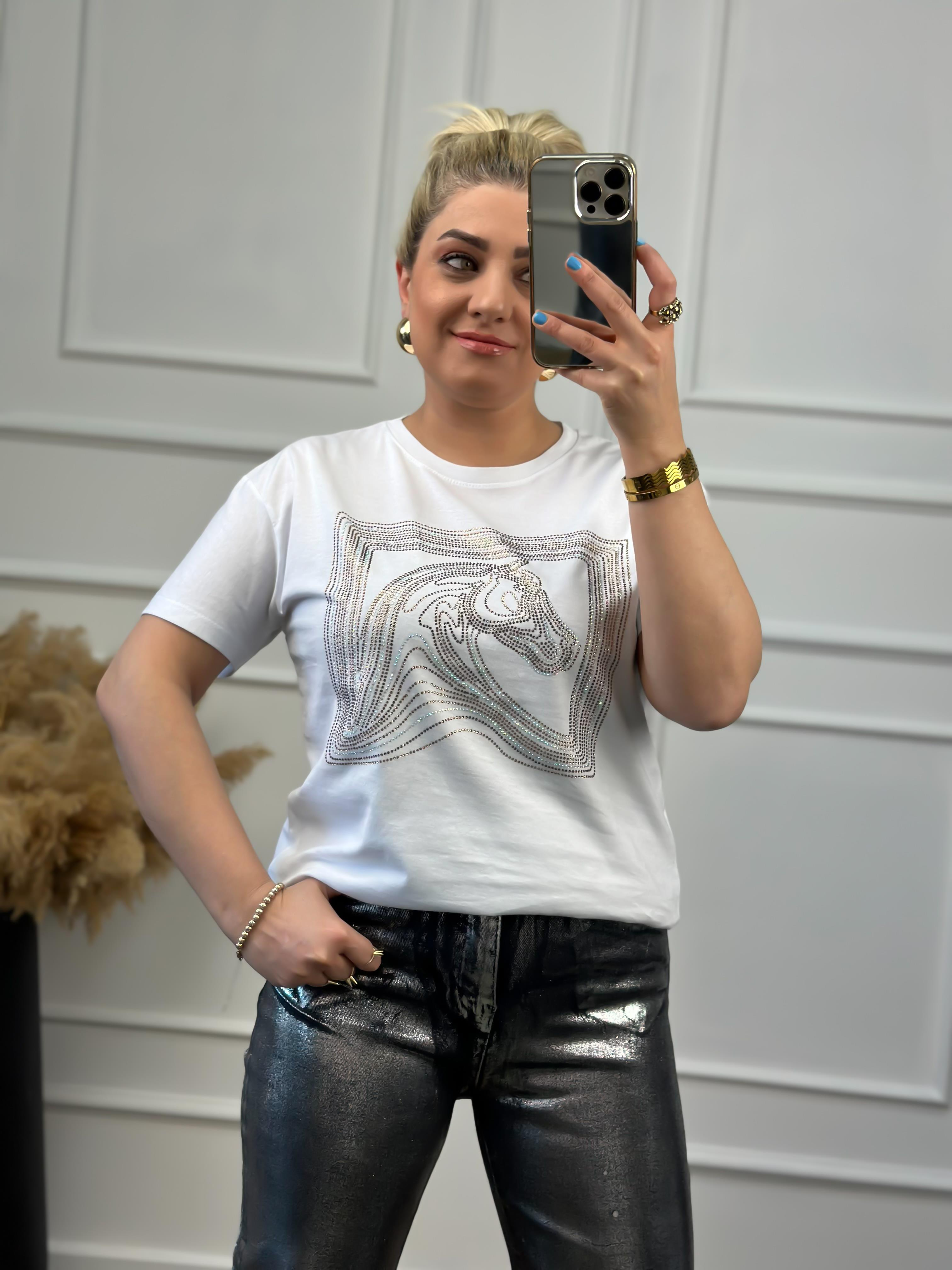 At Figürlü Taş İşlemeli Tshirt BEYAZ-23YUST000019