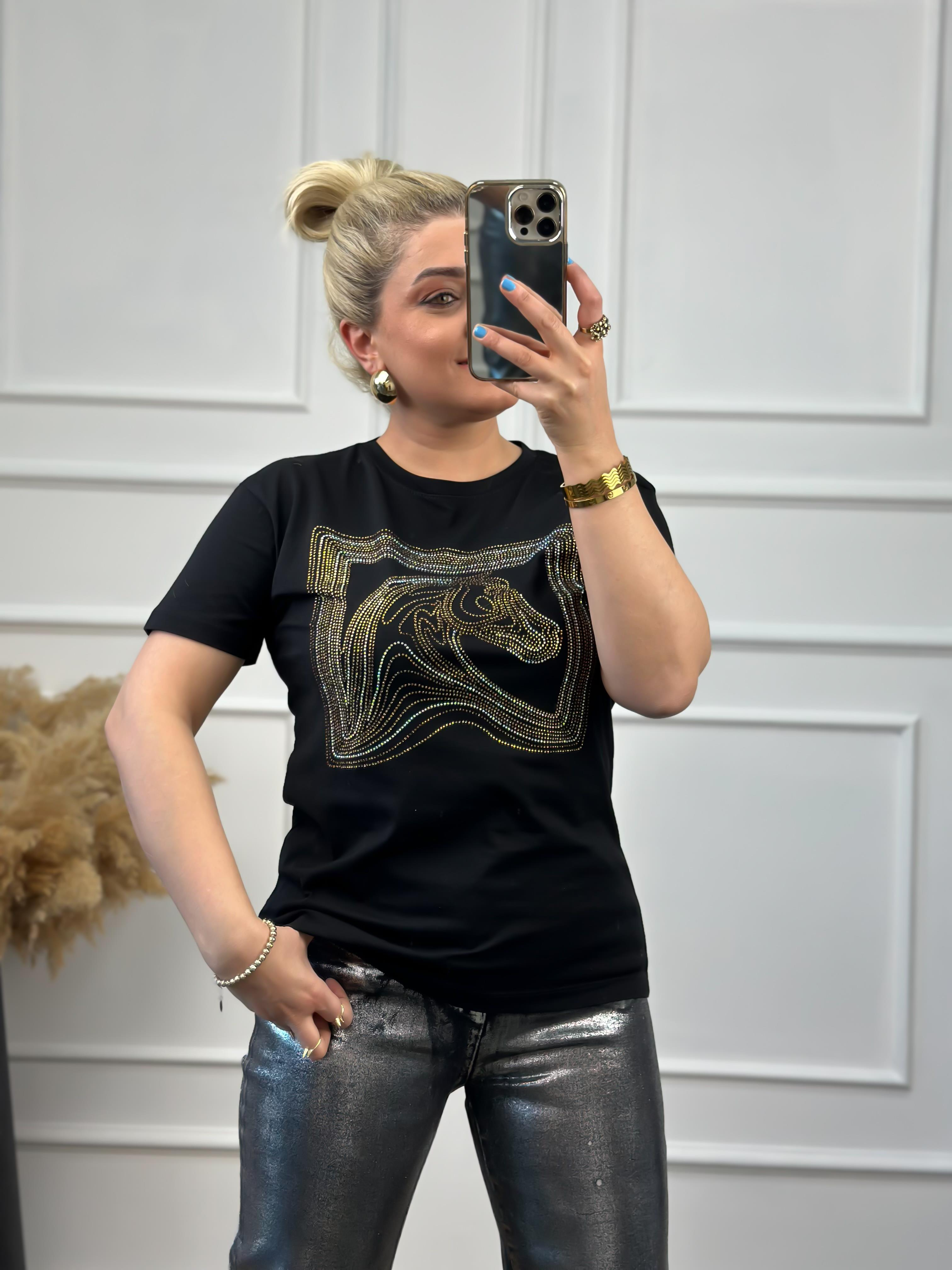 At Figürlü Taş İşlemeli Tshirt SİYAH-23YUST000019