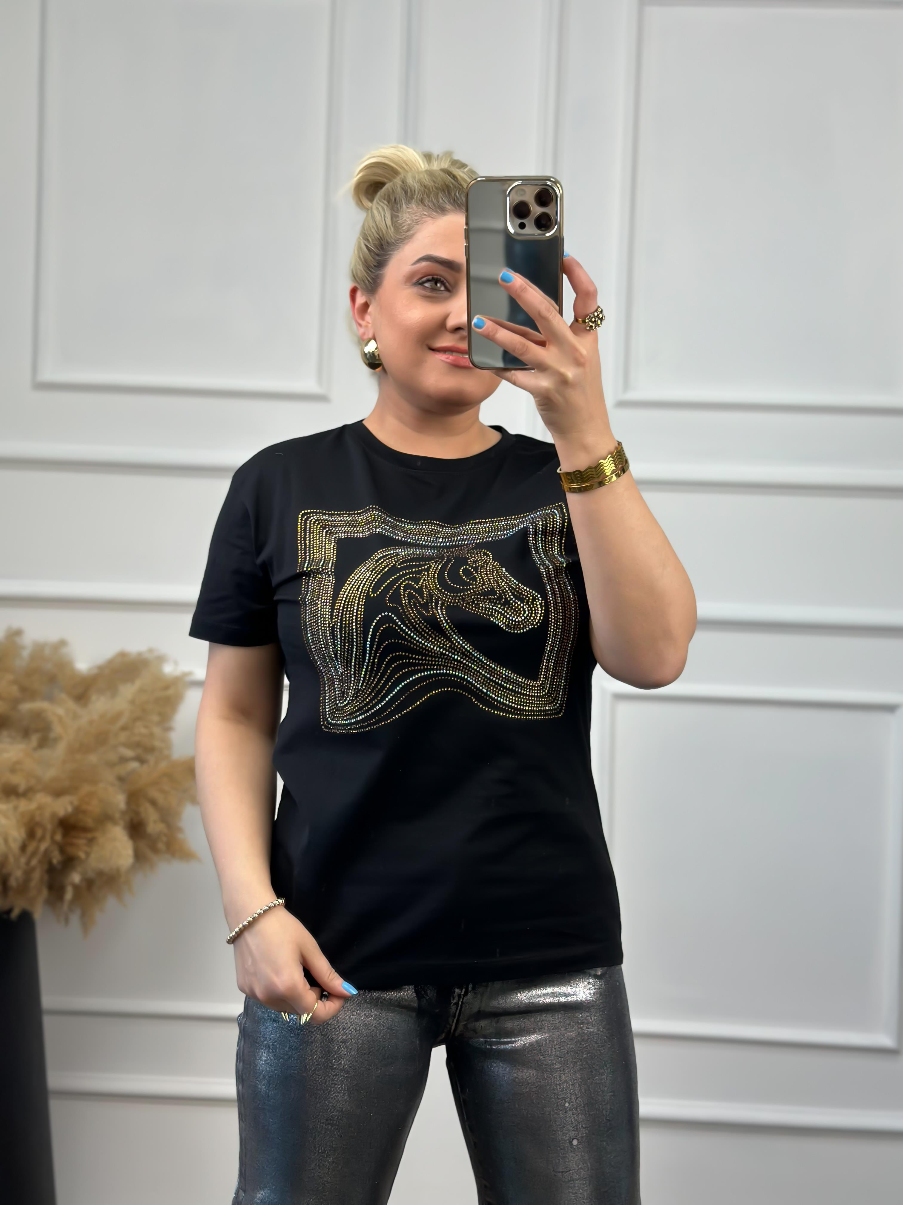 At Figürlü Taş İşlemeli Tshirt SİYAH-23YUST000019