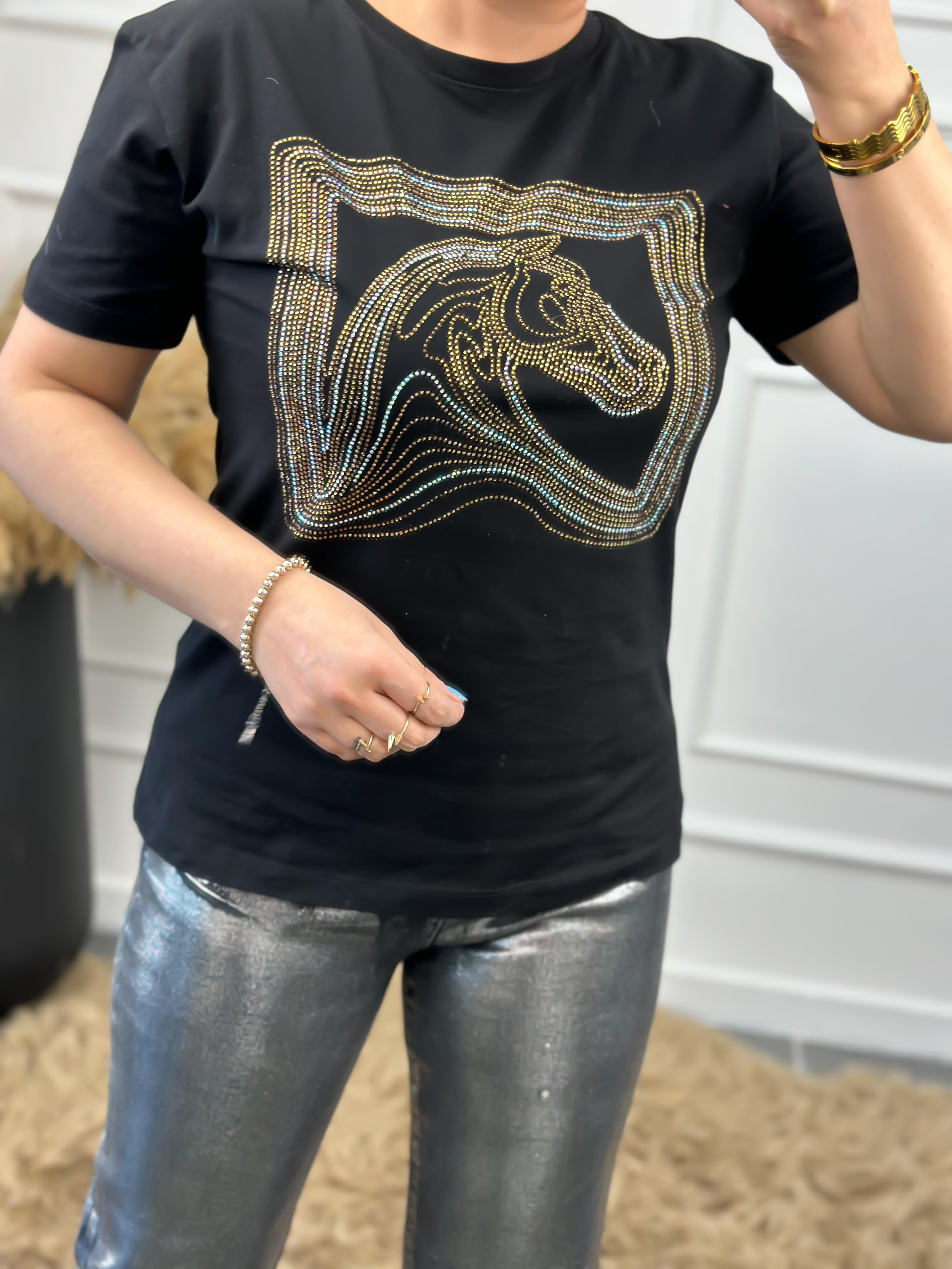 At Figürlü Taş İşlemeli Tshirt SİYAH-23YUST000019