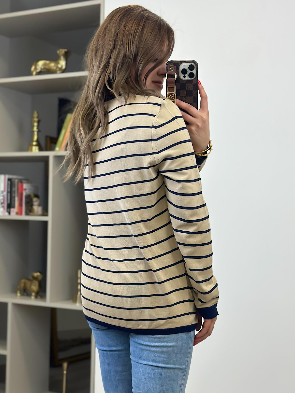 Basic Çizgili Uzun Kol Triko Kazak CAMEL LACİVERT-23MeUST00099