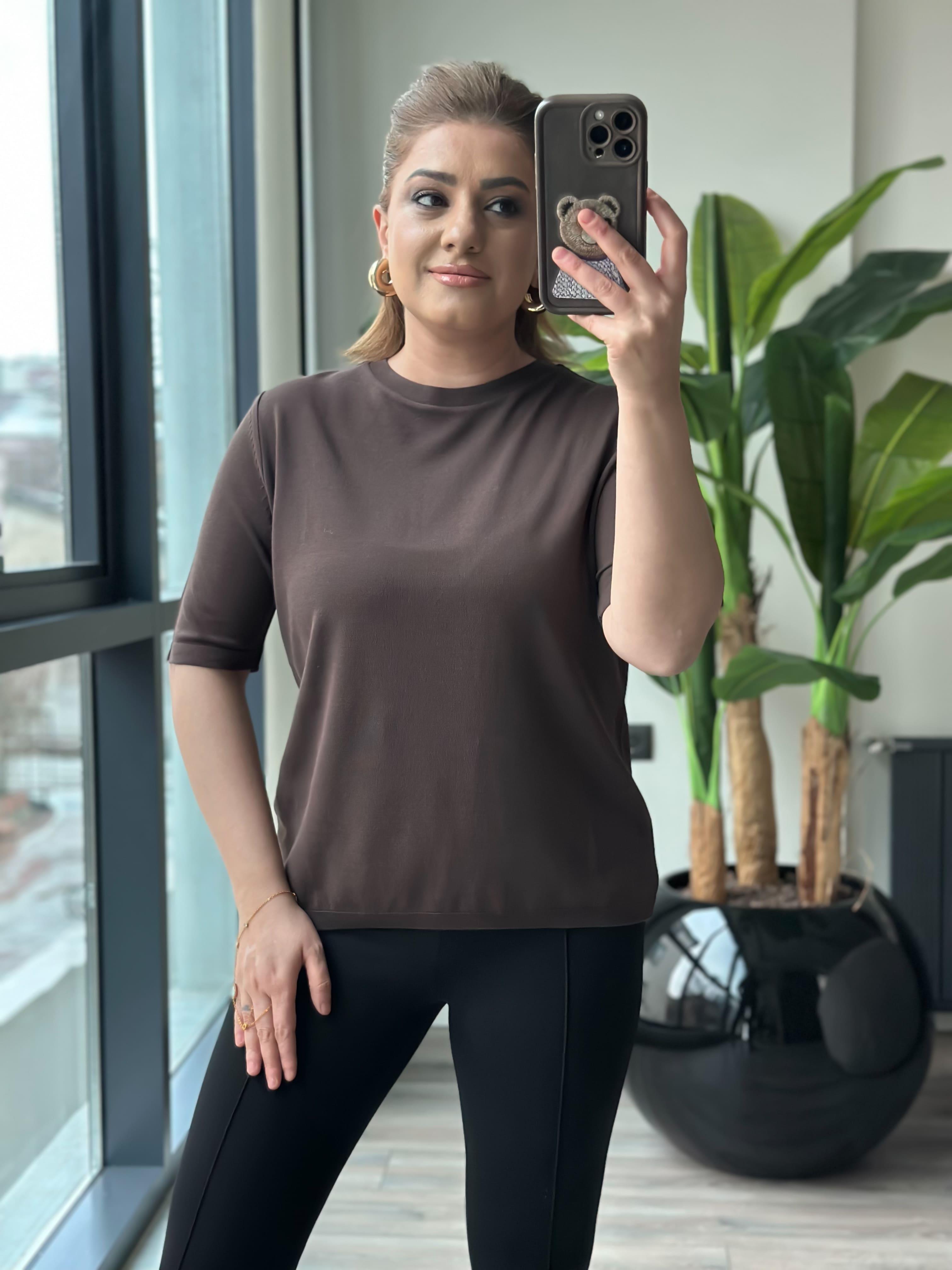 Basic Yaka Kısa Kollu Triko KAHVE-23MeUST00102