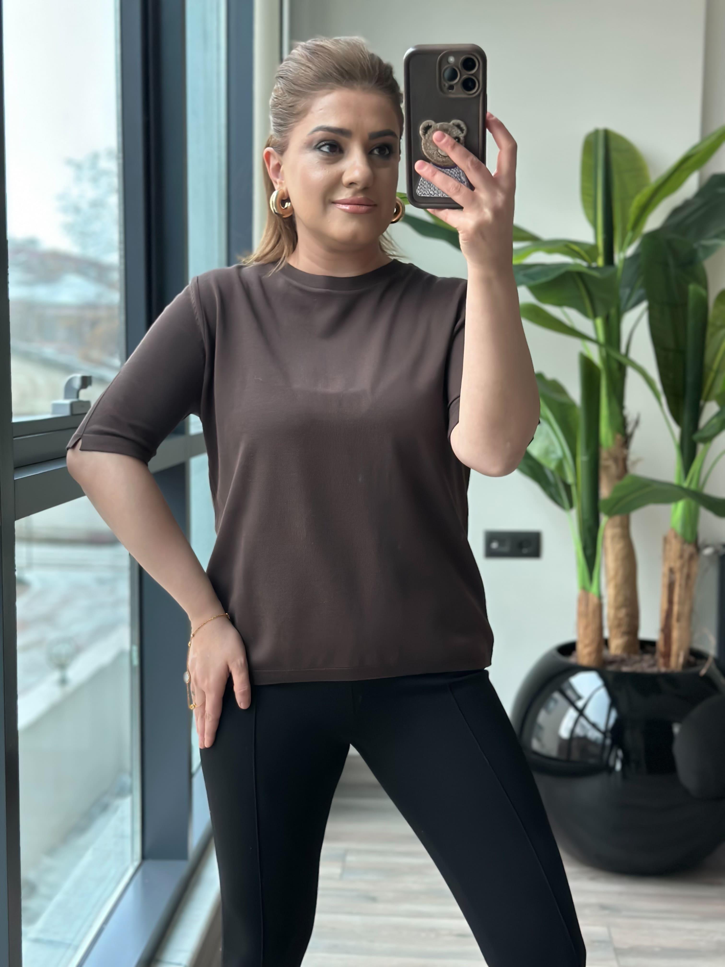 Basic Yaka Kısa Kollu Triko KAHVE-23MeUST00102