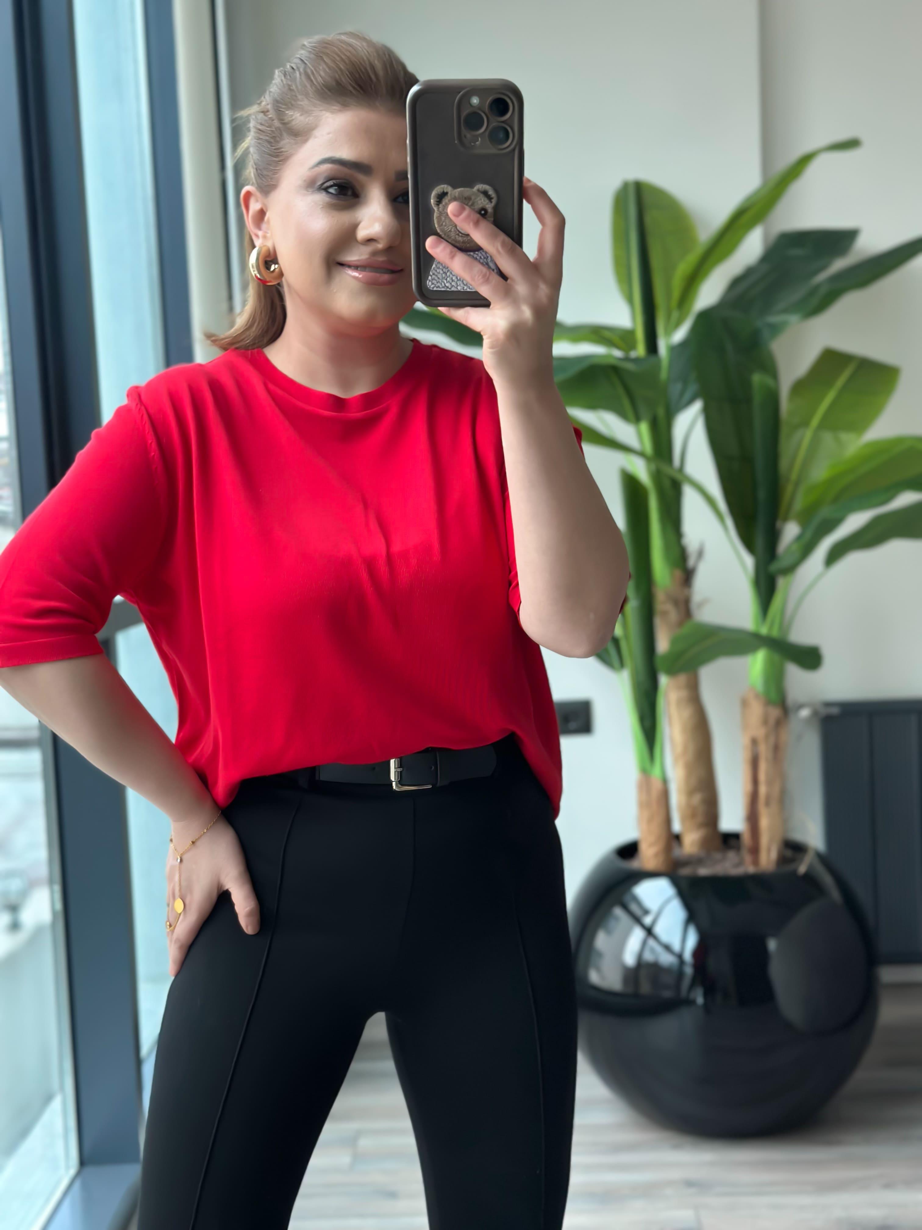 Basic Yaka Kısa Kollu Triko KIRMIZI-23MeUST00102