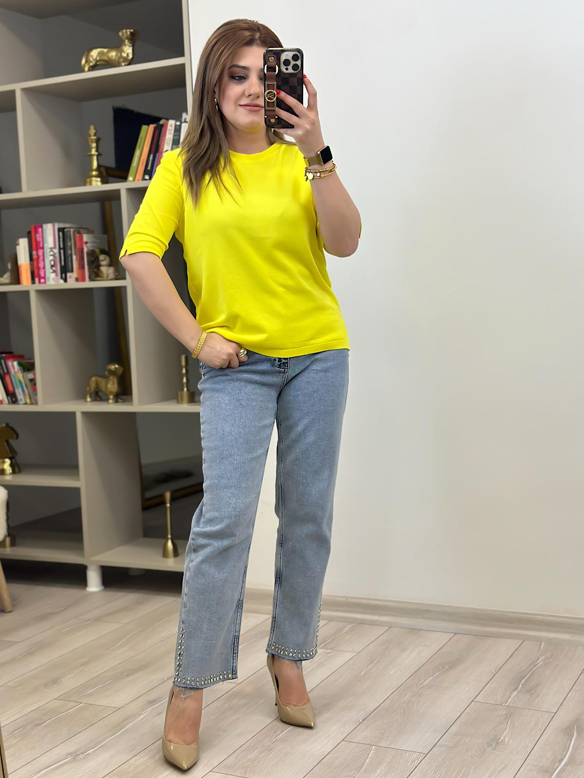 Basic Yaka Kısa Kollu Triko Sarı-23MeUST00102