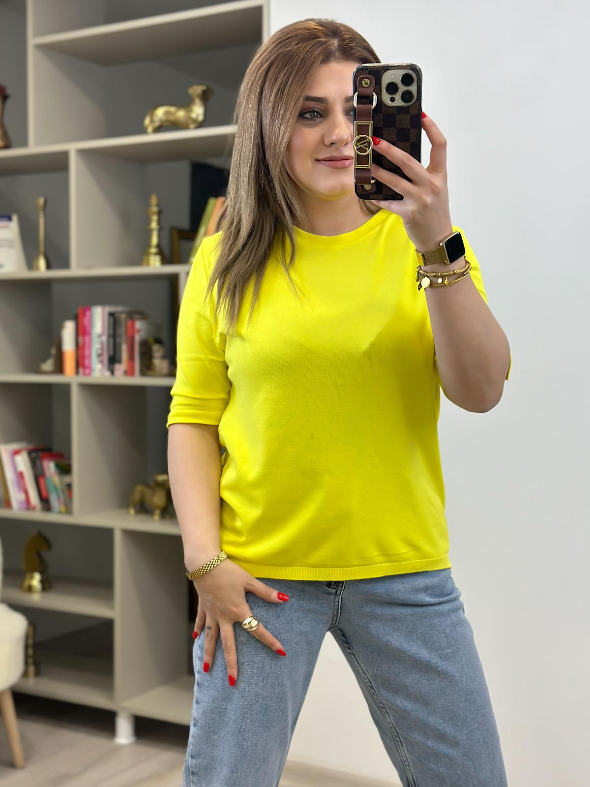 Basic Yaka Kısa Kollu Triko Sarı-23MeUST00102