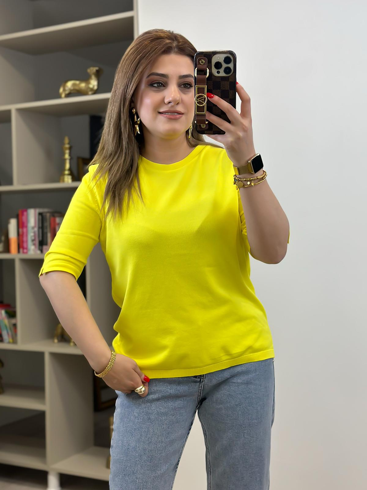 Basic Yaka Kısa Kollu Triko Sarı-23MeUST00102