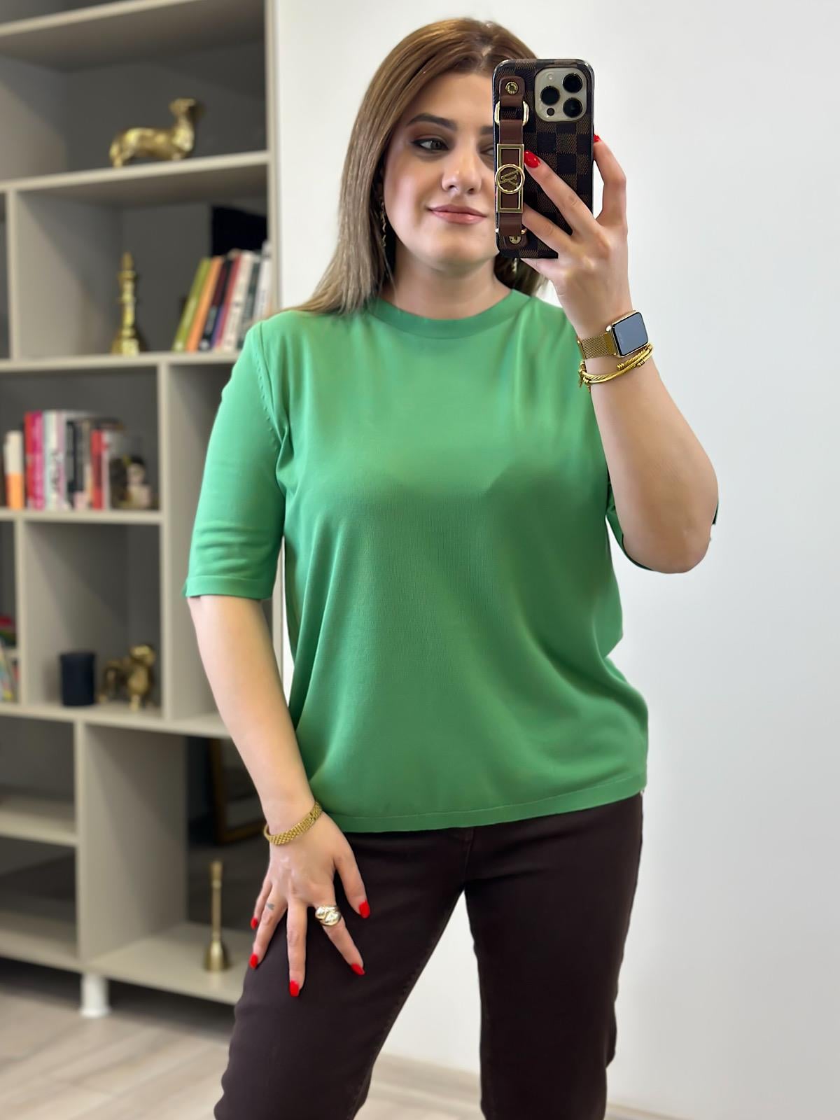 Basic Yaka Kısa Kollu Triko YEŞİL-23MeUST00102