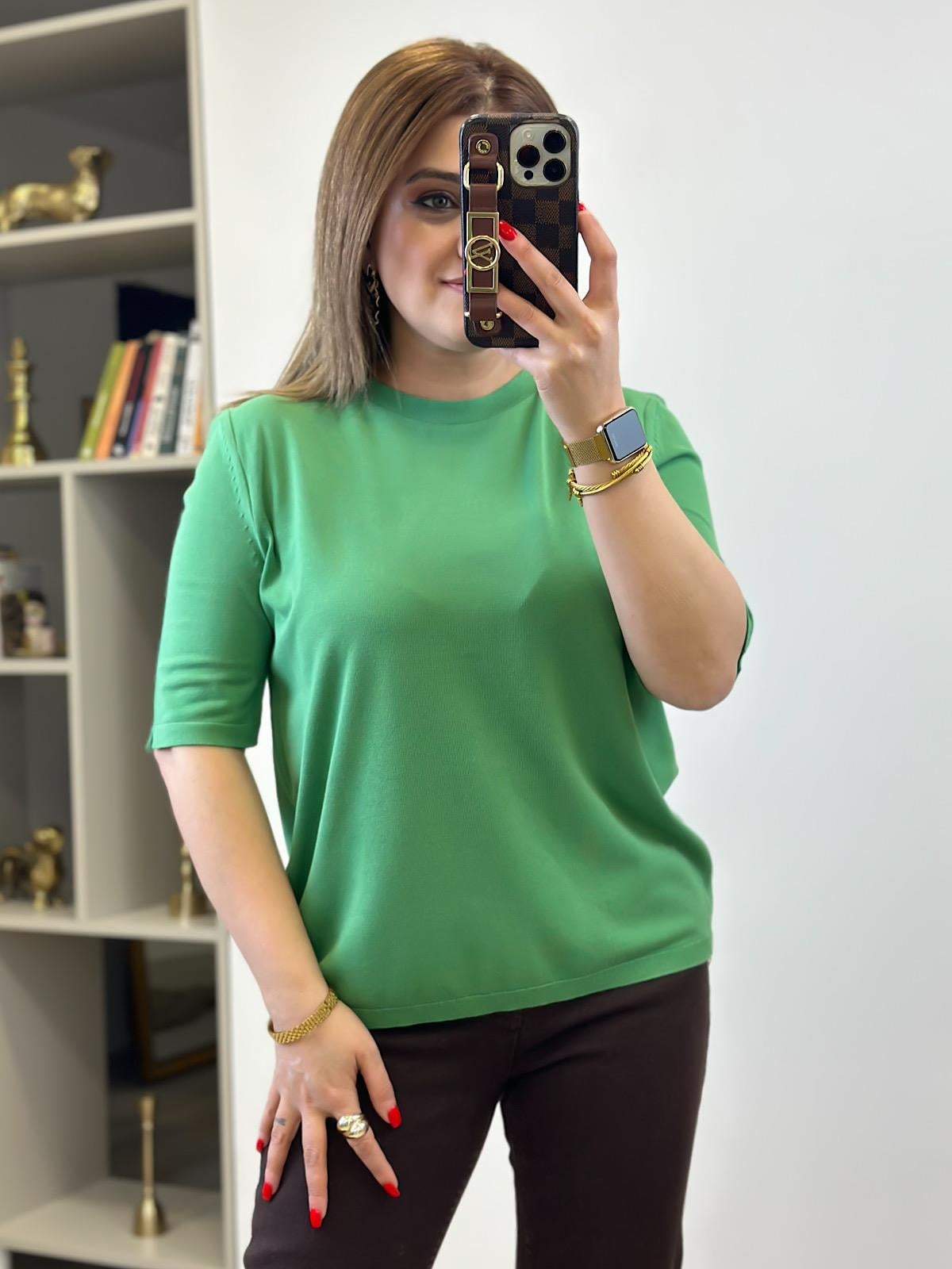 Basic Yaka Kısa Kollu Triko YEŞİL-23MeUST00102