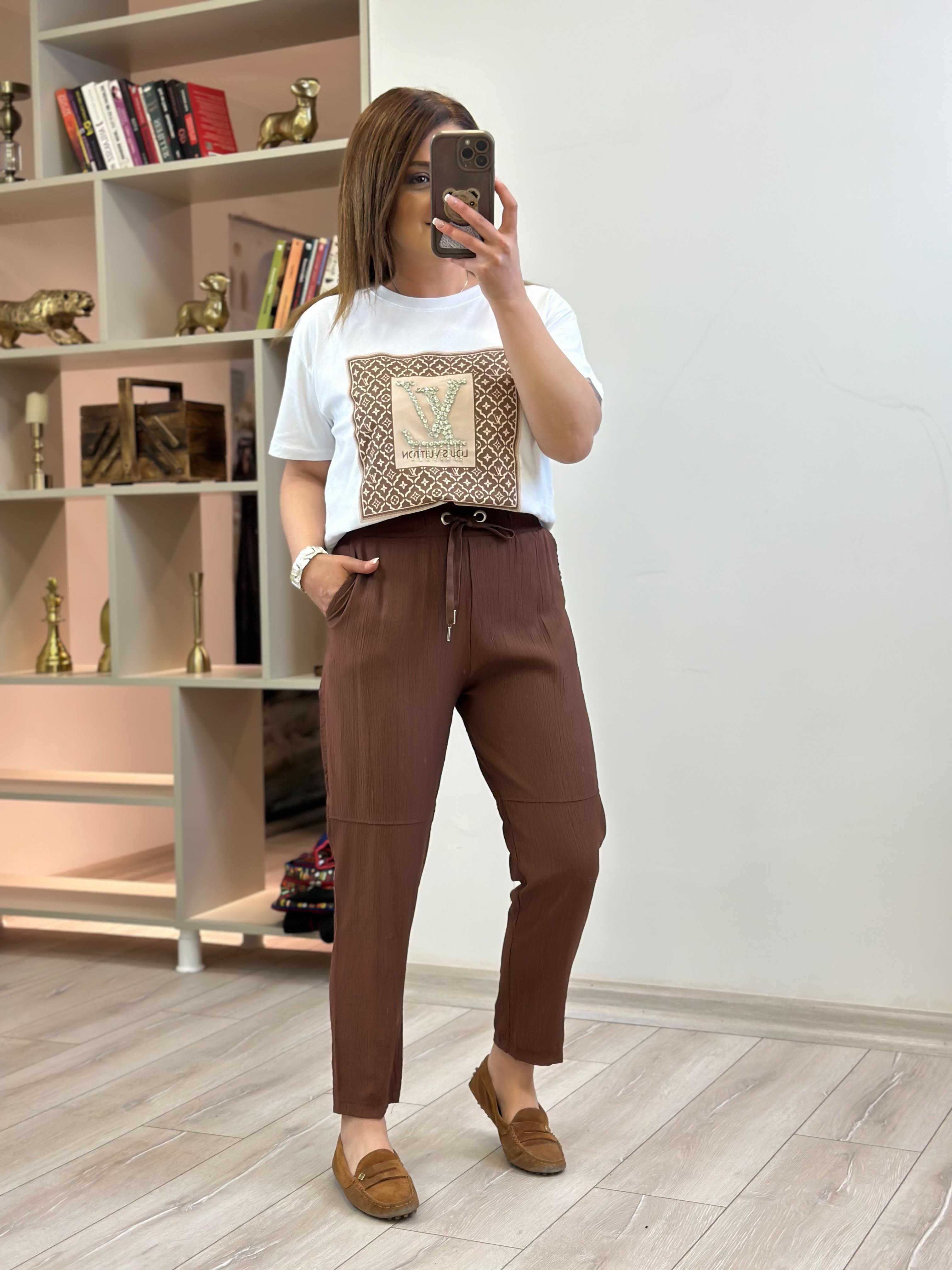 Beli Lastikli Keten Pantolon KAHVE-23YALT000061