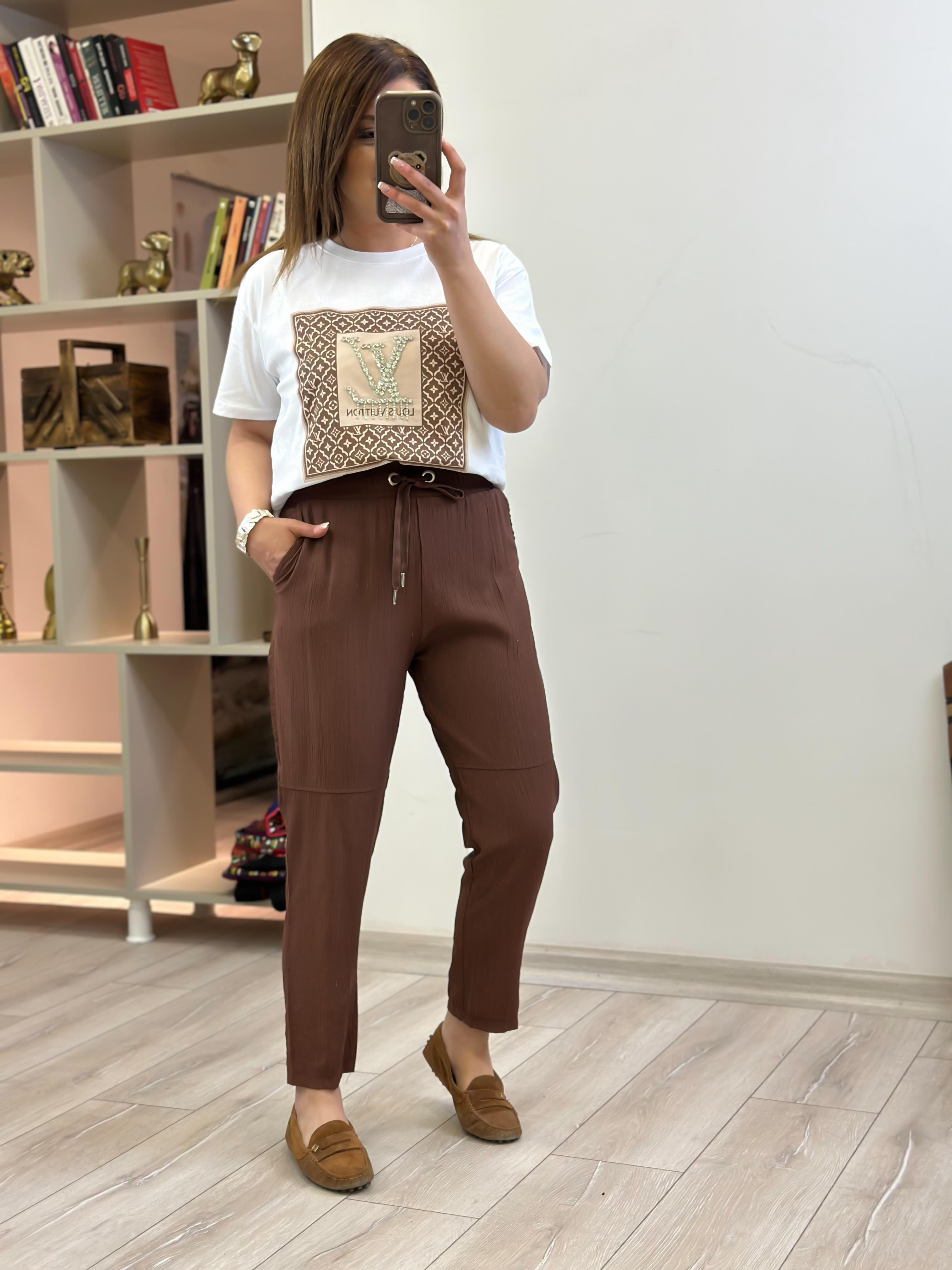Beli Lastikli Keten Pantolon KAHVE-23YALT000061