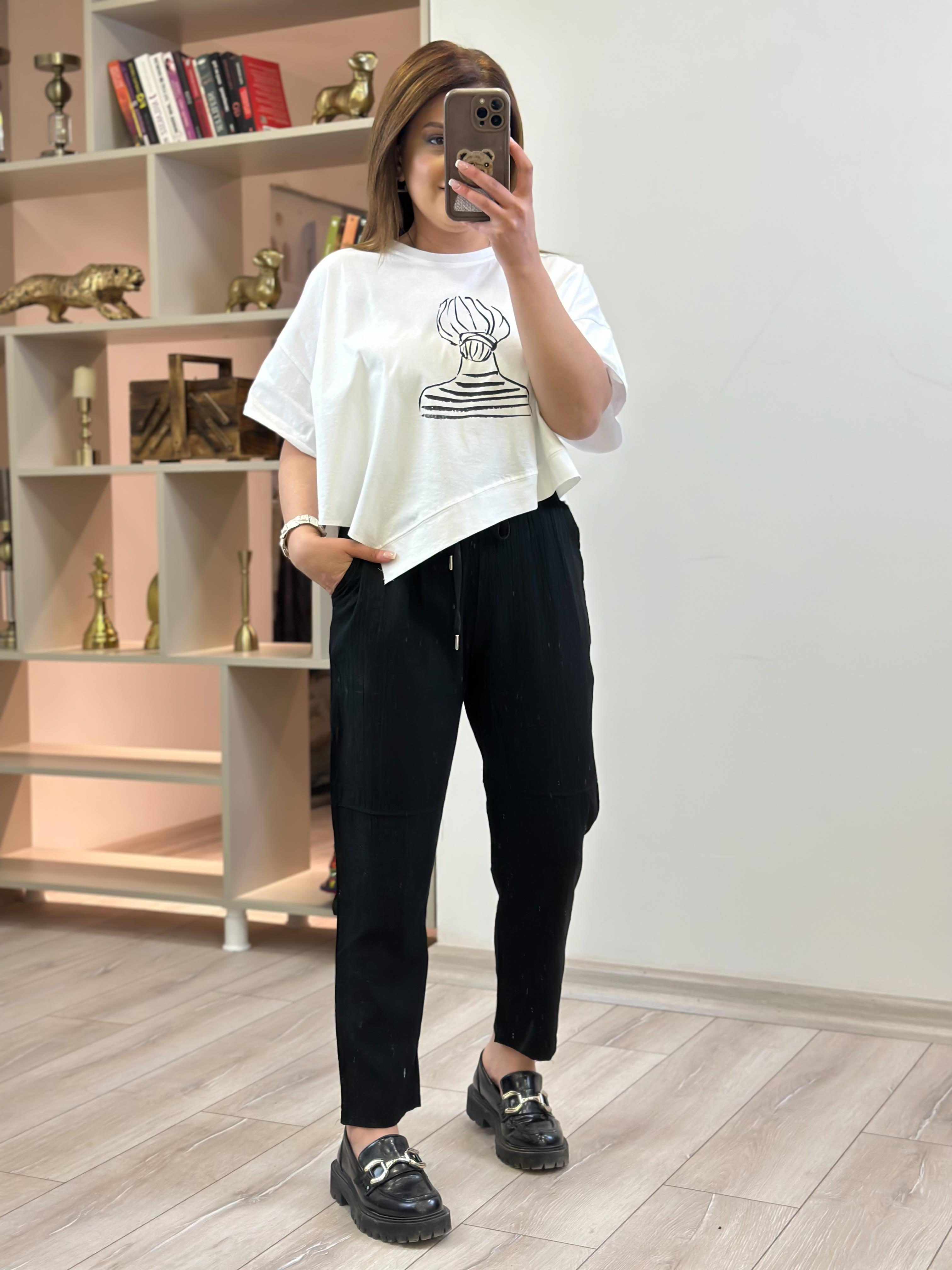 Beli Lastikli Keten Pantolon SİYAH-23YALT000061