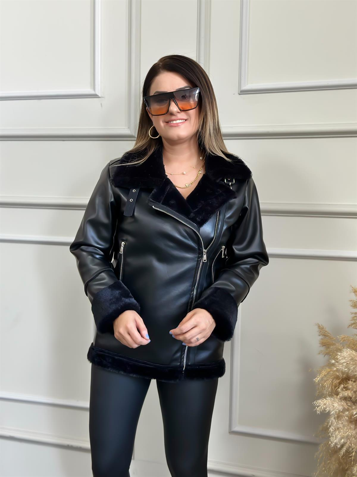 Biker Siyah Kürklü Deri Ceket SİYAH-23KDIS000004