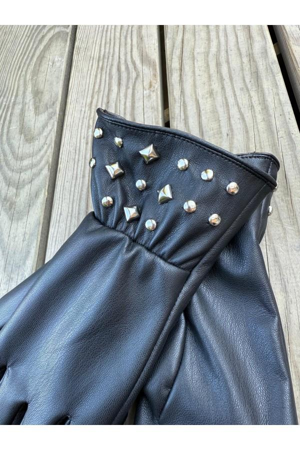 Bileği Taşlı PU Deri Eldiven SİYAH-23KAKS000031