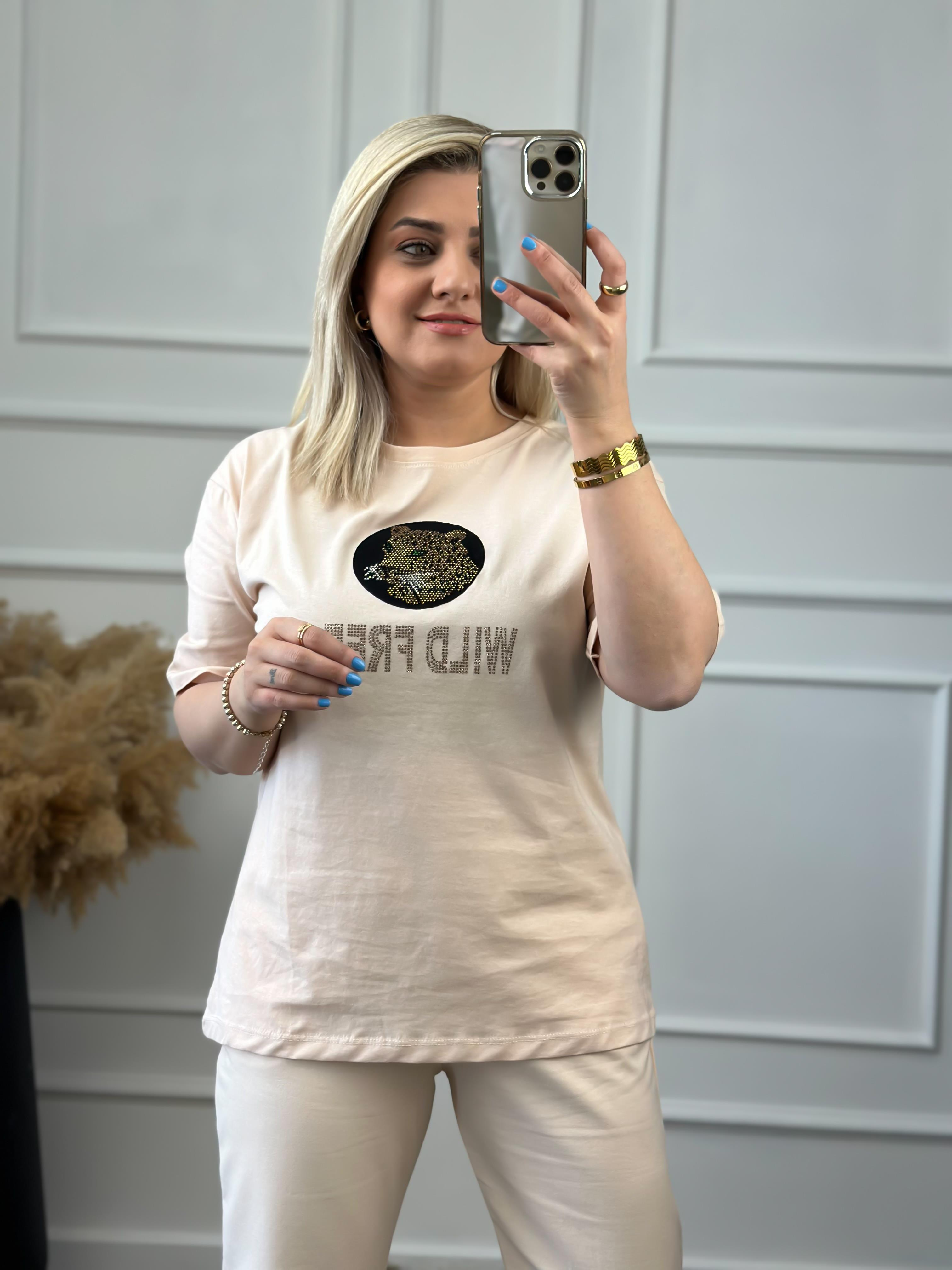 Bisikilet Yaka Arkası Leopar Baskılı Taş İşlemeli Tshirt BEJ-23YUST000016