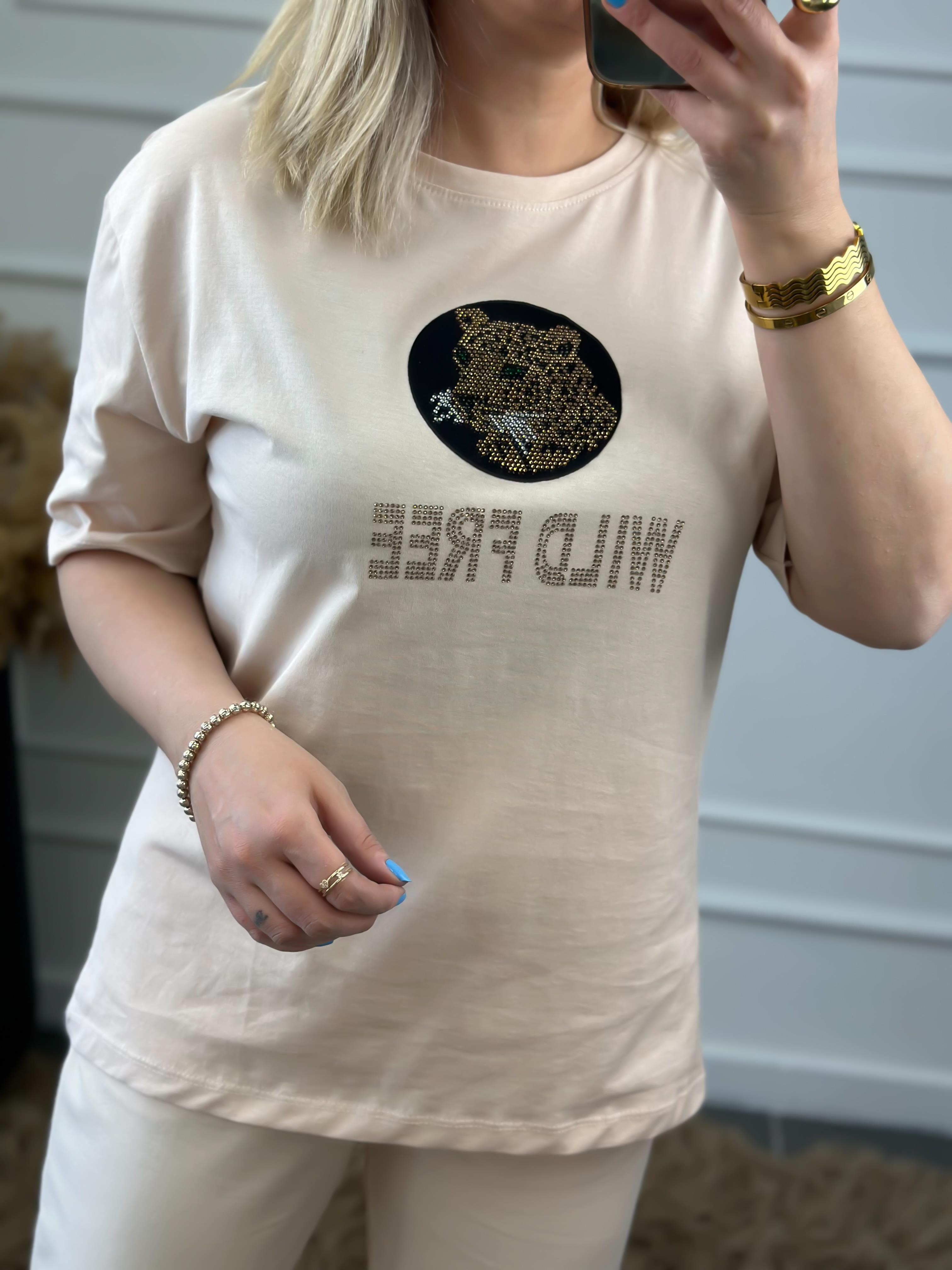Bisikilet Yaka Arkası Leopar Baskılı Taş İşlemeli Tshirt BEJ-23YUST000016