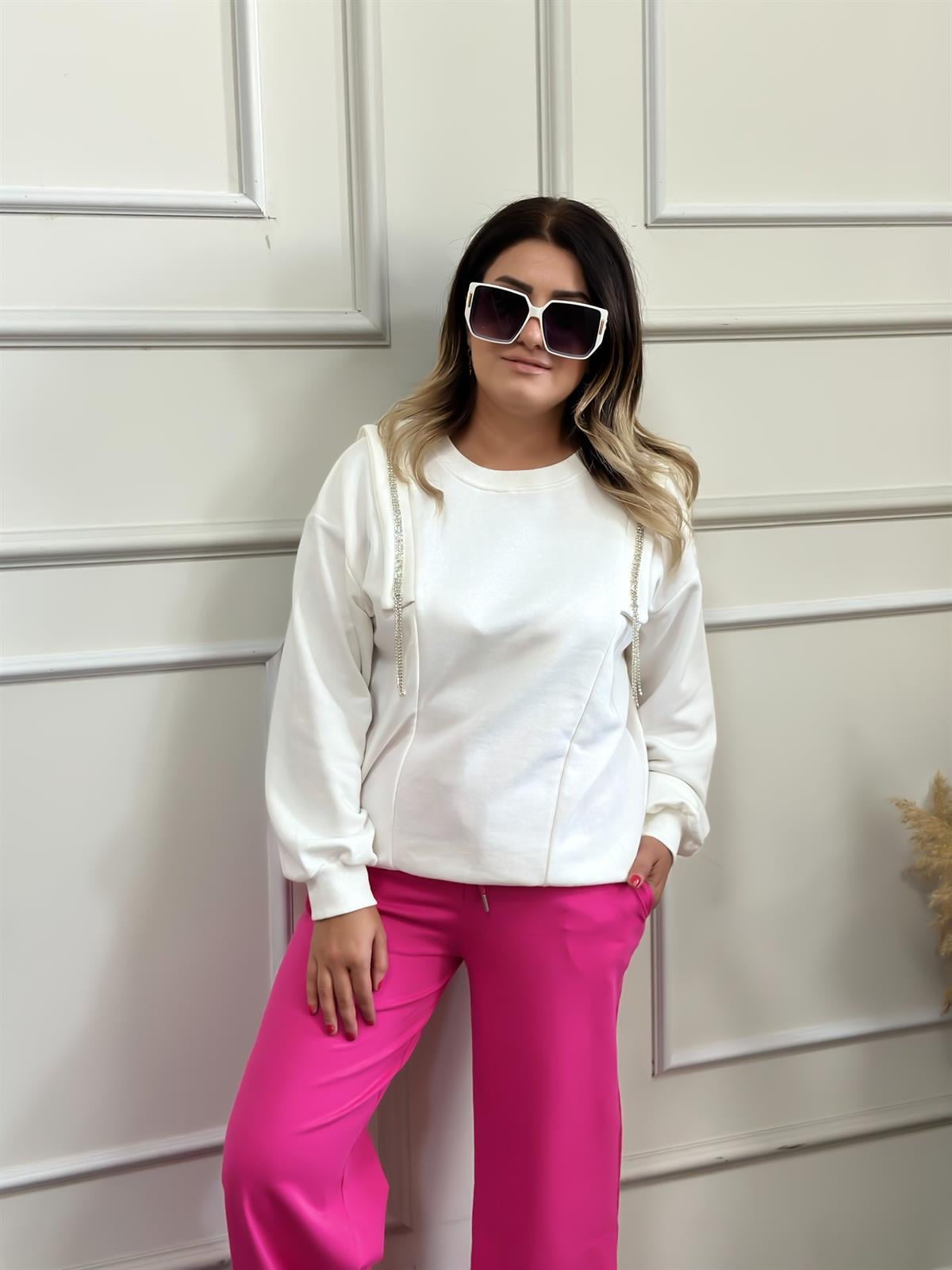 Bisiklet Yaka Omuz Taş Detaylı Sweatshırt BEYAZ-23KUST000013