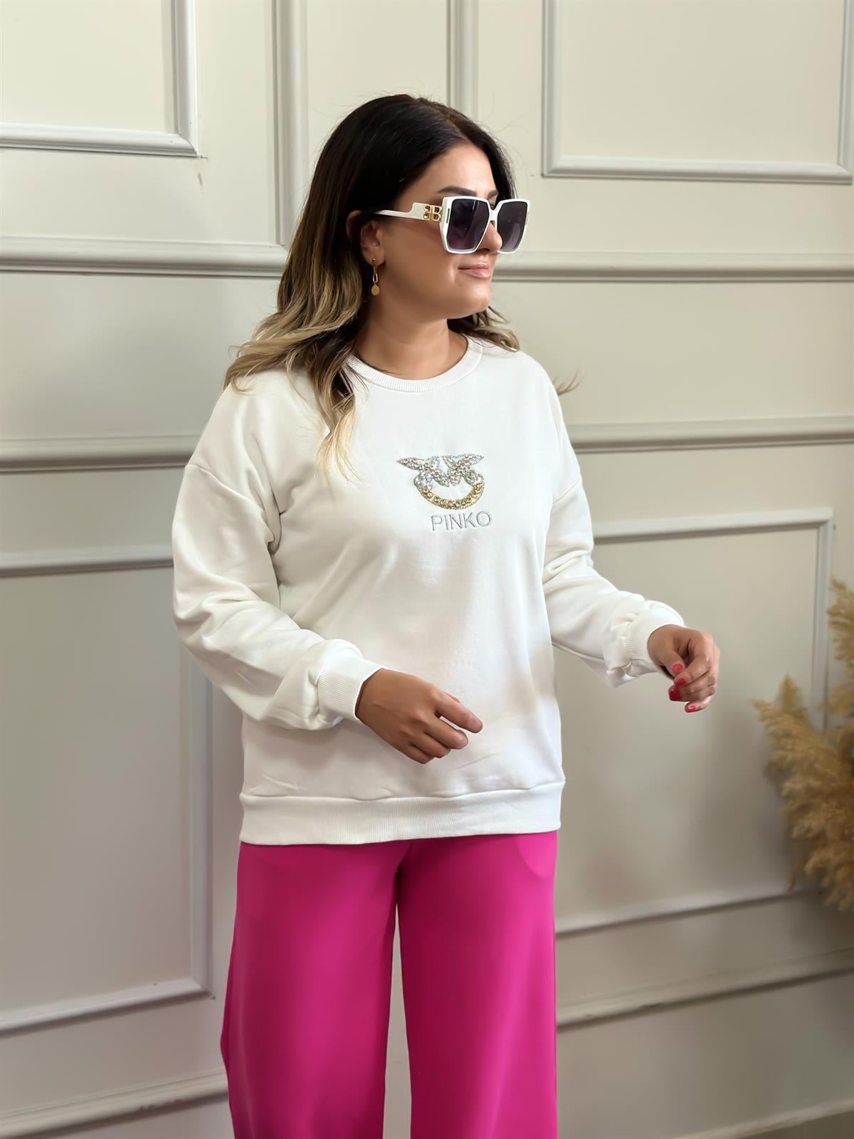 Bisiklet Yaka Pinko Baskılı Sweatshırt BEYAZ-23KUST000006